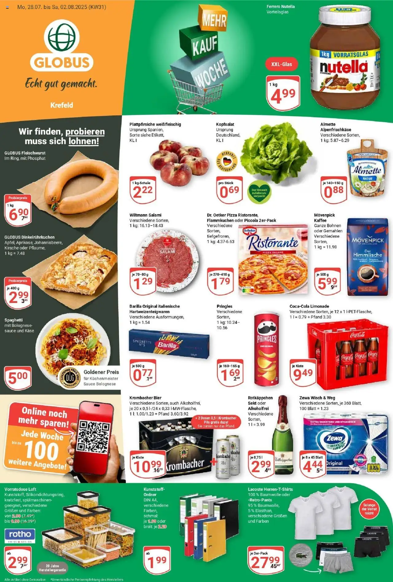 Globus Prospekt ab Montag 28.07.2025 > Prospekt Krefeld - Pizza, Kaffee, Bier, Nutella, Spaghetti, Krombacher, Zewa, Almette