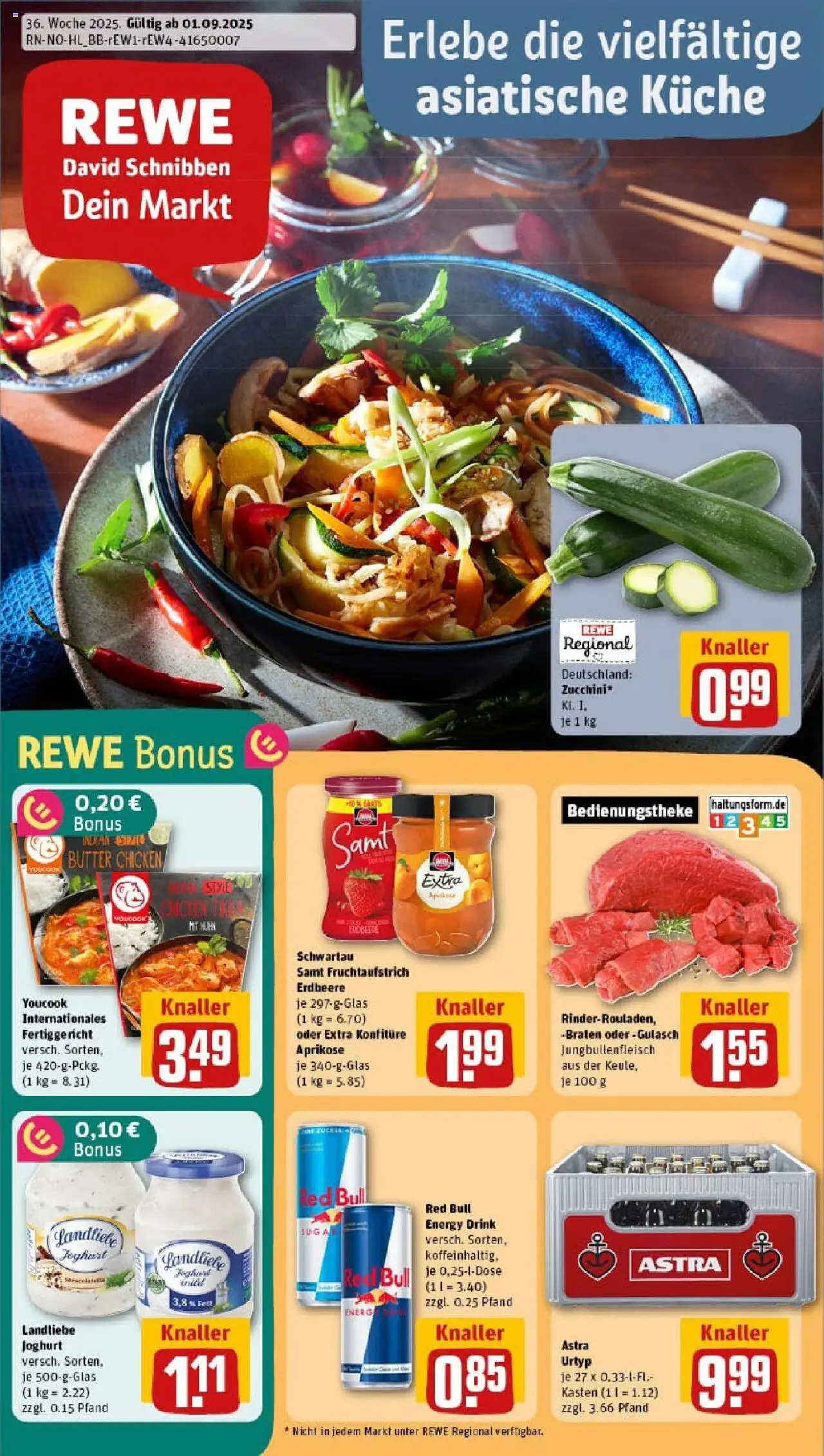 REWE Prospekt ab 01.09.2025 nächste Woche - Prospekt Plön - Butter, Red bull, Gulasch, Joghurt, Astra, Youcook, Landliebe joghurt, Schwartau samt