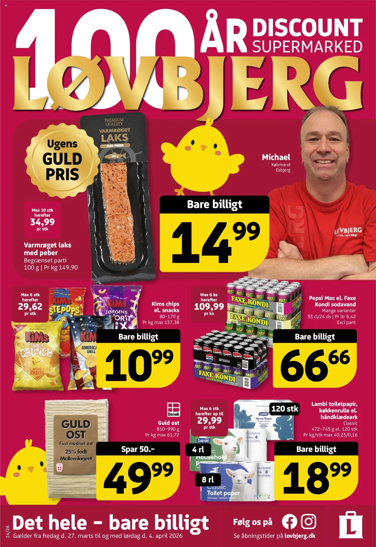 Eksempel på tilbudsavis Løvbjerg - Tilbudsavis uge 13 fra butik Løvbjerg gyldig fra 27/03/2026 - Toilet, Grill, Faxe Kondi, Ost, Laks, Chips, Snacks, Peber