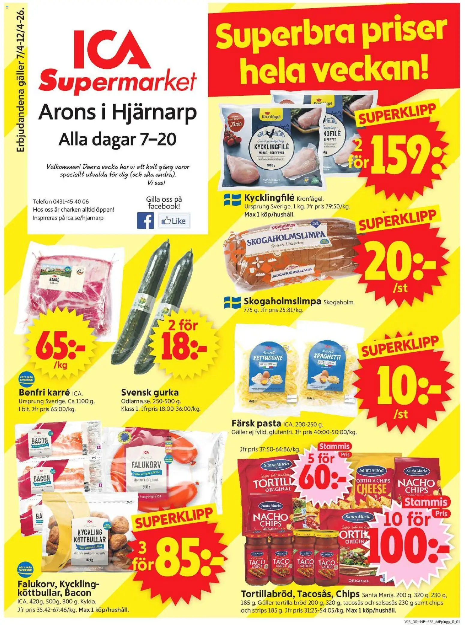 Förhandsgranska reklamblad Hjärnarp från butik ICA Supermarket gäller från 06/04/2026 - Köttbullar, Pasta, Telefon, Kött, Gurka, Galler, Tacosås, Kyckling