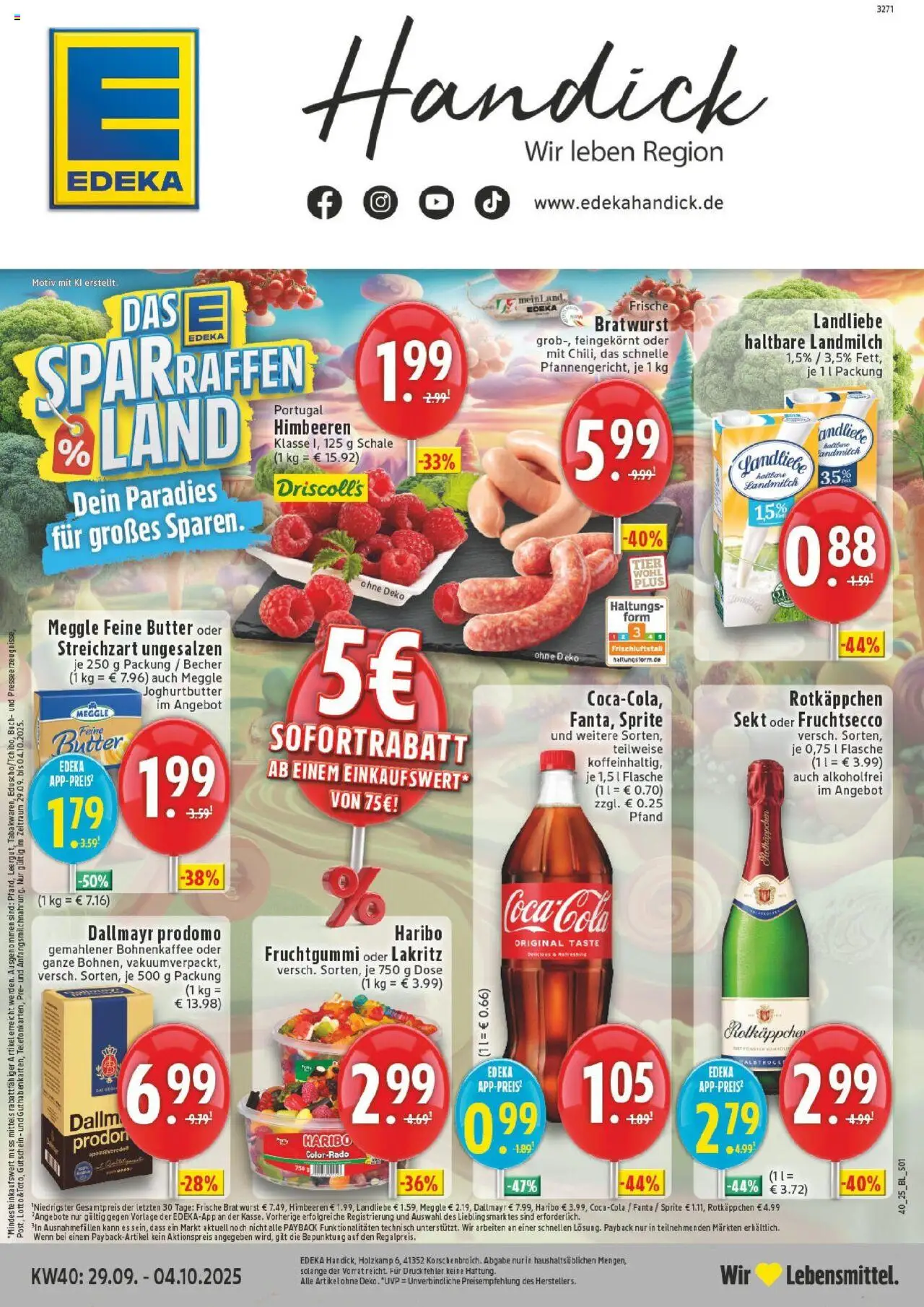 EDEKA Prospekt ab 28.09.2025 - Prospekt Korschenbroich Online - Butter, Haribo, Wurst, Bratwurst, Himbeeren, Fanta, Sekt, Dallmayr prodomo