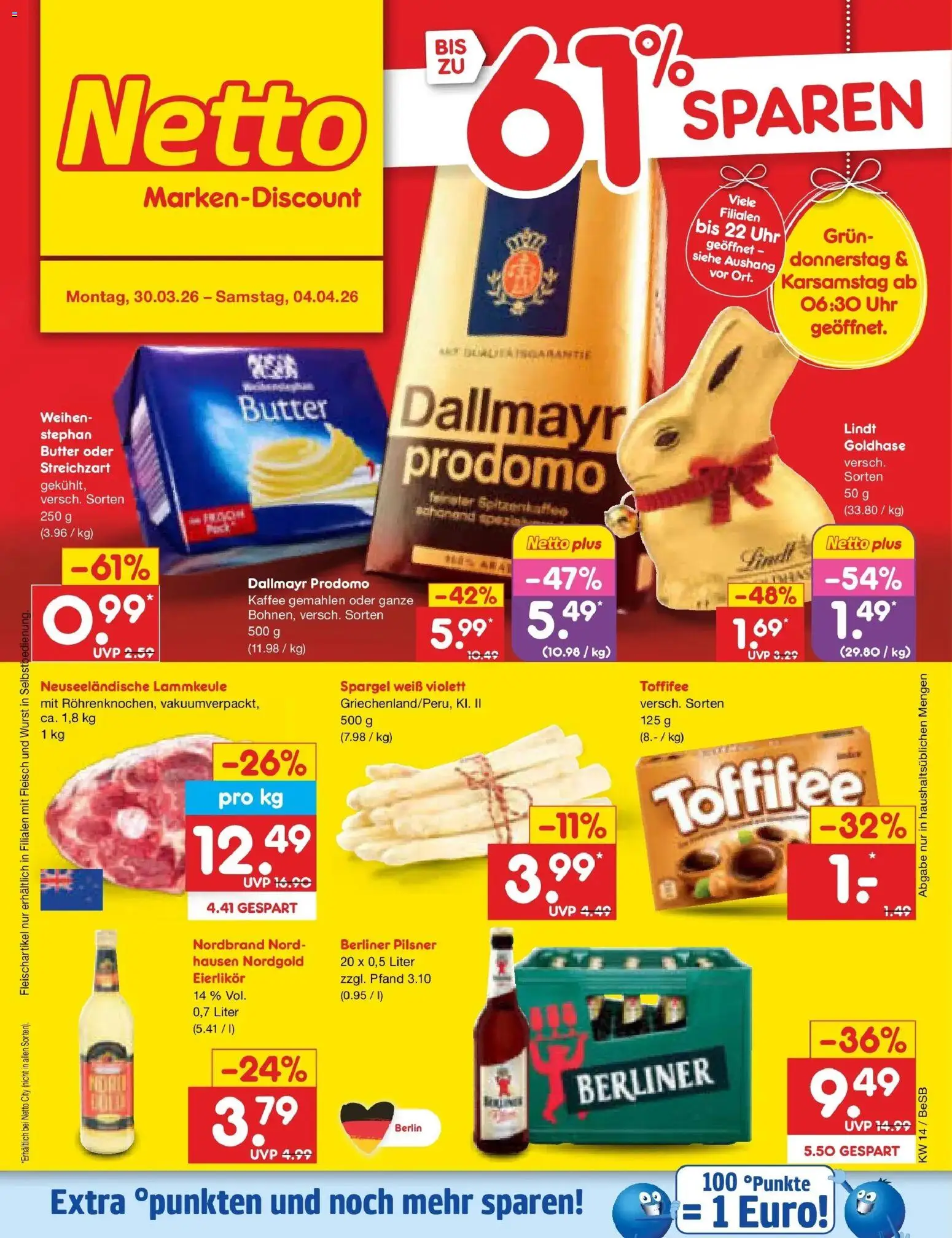 Vorschau von dem Prospekt des Geschäftes Netto Marken-Discount, gültig ab dem 30.03.2026 - Kaffee, Uhr, Butter, Lindt, Spargel, Dallmayr, Toffifee, Lammkeule