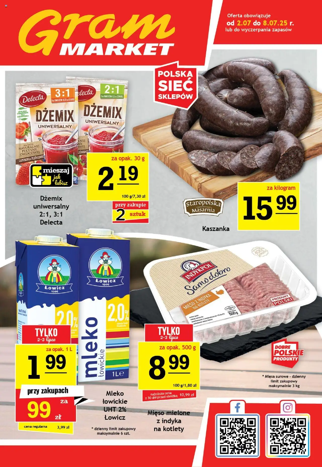 Gram Market Gazetka od 02.07.2025 - Nowa Gazetka - Numer strony 1 - Mleko, Mięso z indyka, Kaszanka, Mięso mielone, Mięso, Kotlety, Mleko łowickie, Mięso mielone z indyka