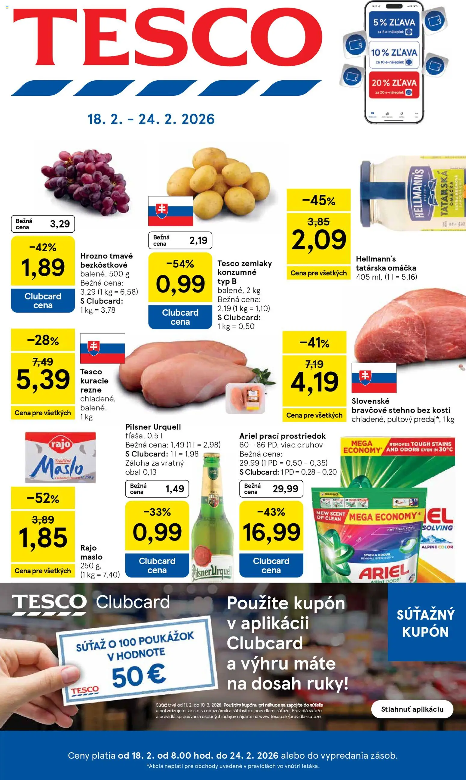 Náhľad Tesco letáku platného od 18.02.2026 - Maslo, Pilsner Urquell, Ariel, Kuracie rezne, Zemiaky, Tatárska omáčka, Omáčka, Rezne