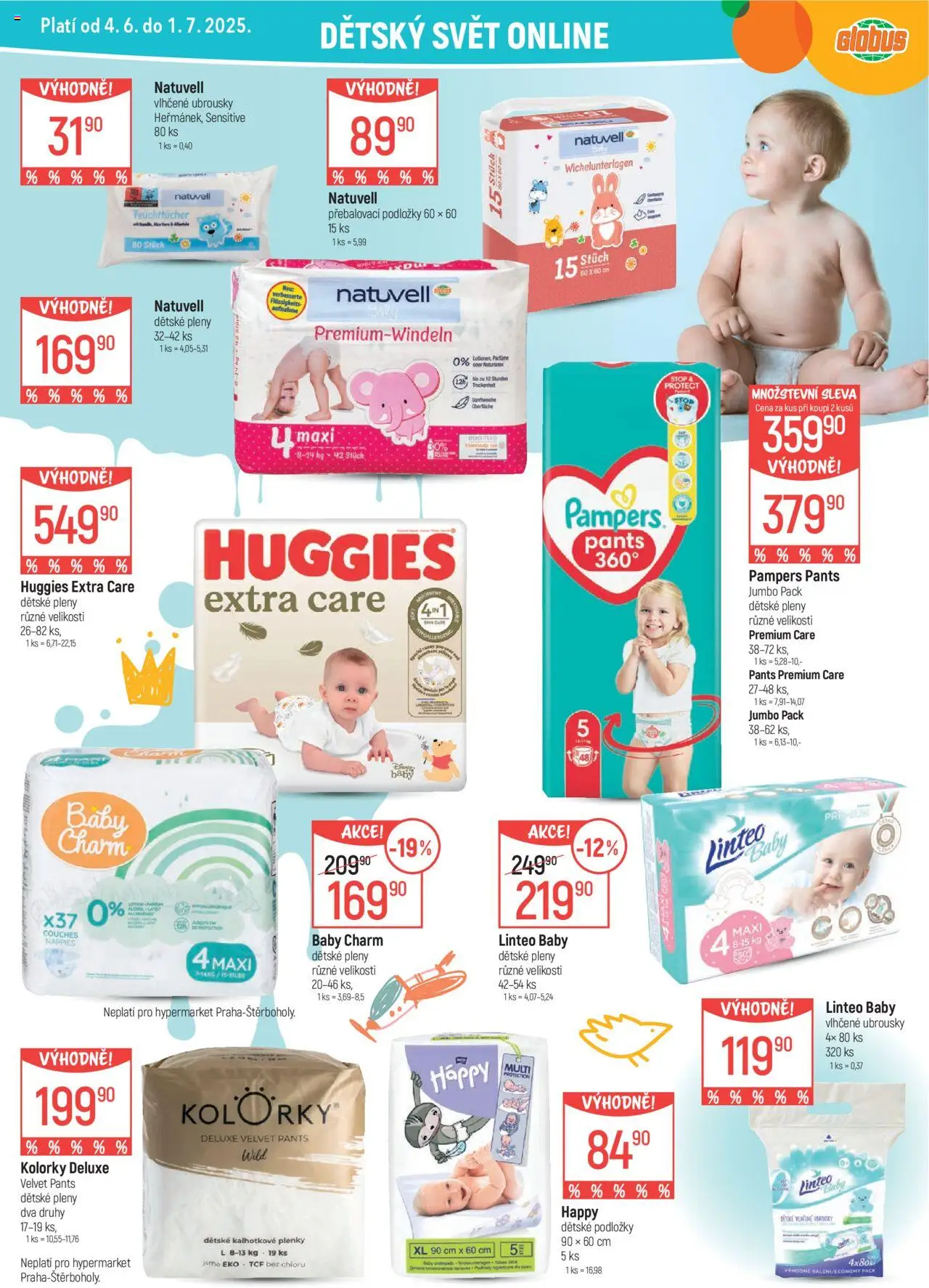  Globus leták od 04.06.2025 >> Akční nabídka "České Budějovice" - strana 3 - Přebalovací podložky, Pampers, Velvet, Pants, Ubrousky, Dětské pleny, Deluxe, Pampers Pants