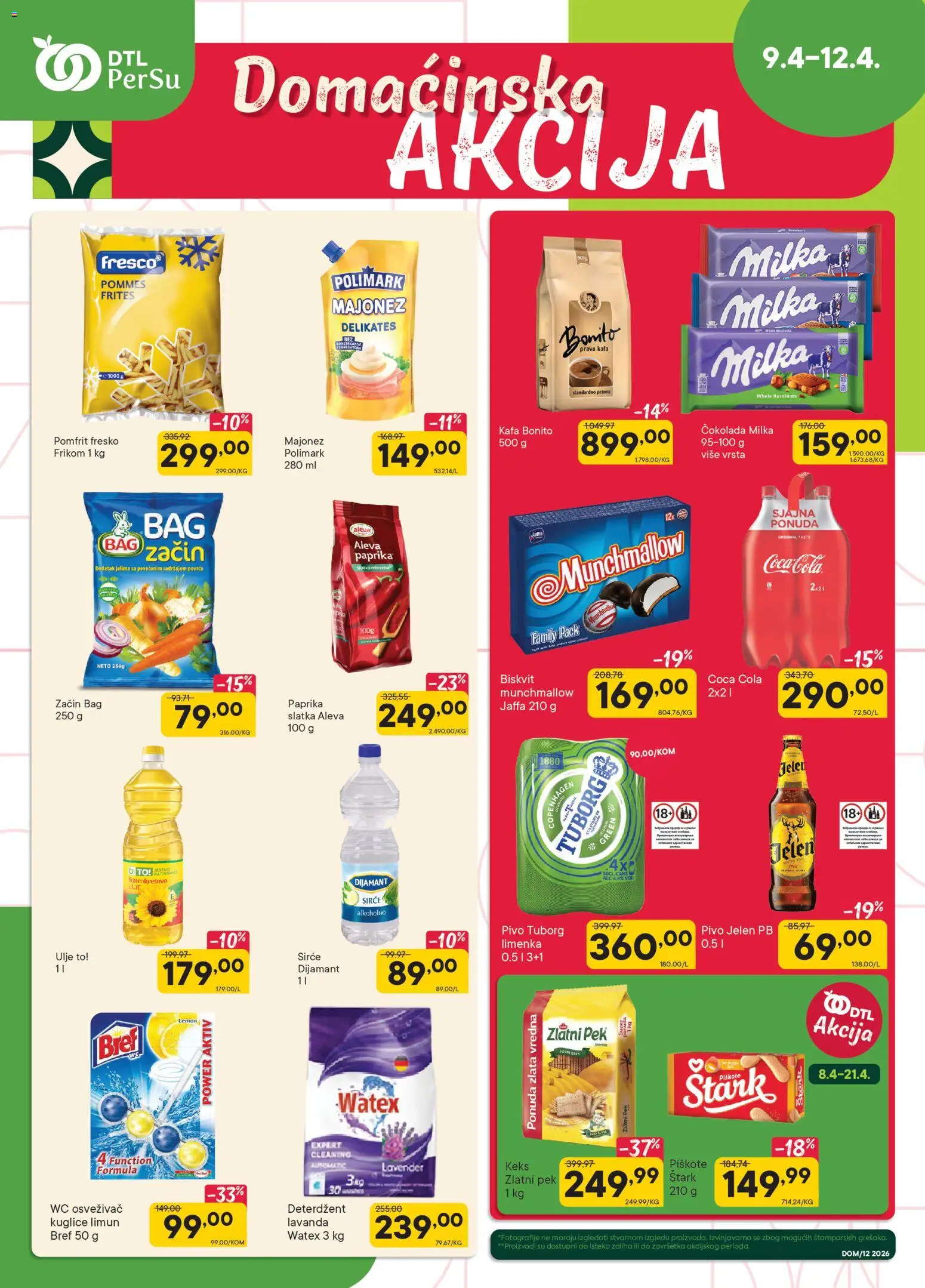 Pregled PerSu kataloga - važi od 09.04.2026 - Coca Cola, Kafa, Milka, Keks, Pomfrit, Majonez, Deterdžent, Sirće