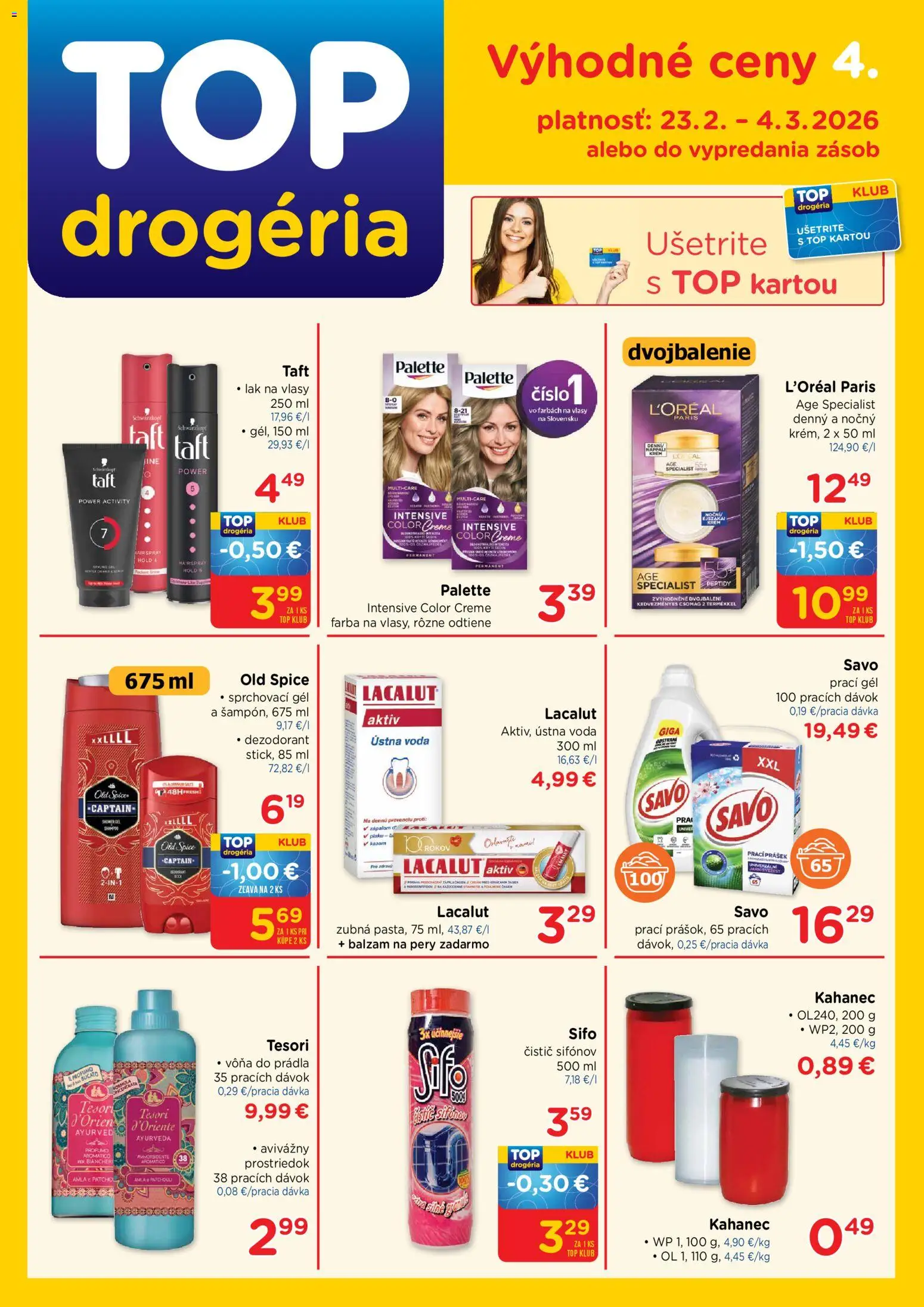 Náhľad TOP Drogéria letáku platného od 23.02.2026 - Voda, Old Spice, Savo, Dezodorant, Lak na vlasy, Ústna voda, Prací gél