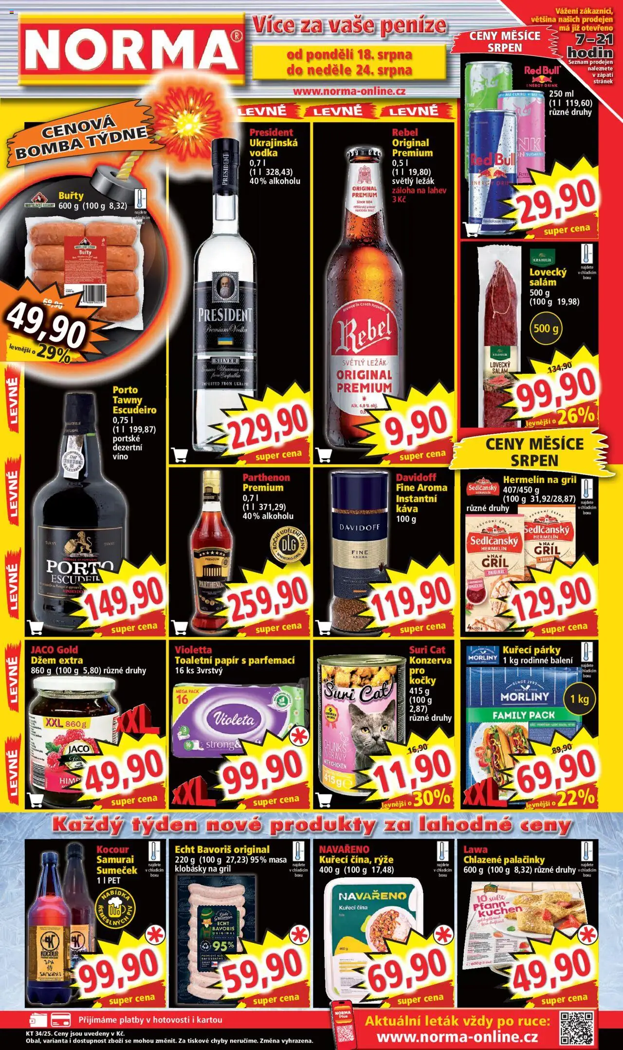  Norma Leták (18.08.2025) příští týden - Akční leták - Káva, Víno, Rýže, Hermelín, Salám, Energy drink, Hermelín na gril, Klobásky