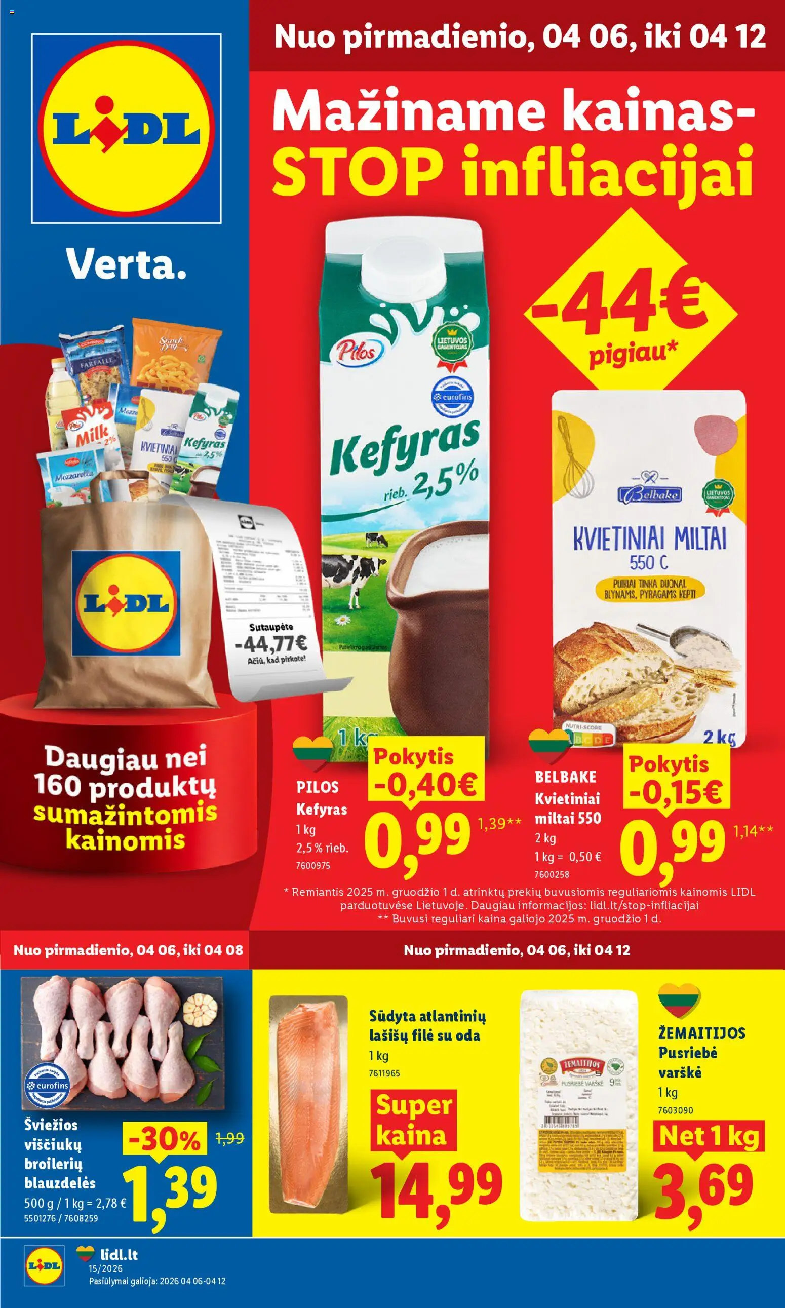 LIDL parduotuvės leidinio LIDL leidinys galiojančio nuo 2026.04.06 peržiūra - Varškė, Miltai, Viščiukų, Lašišų filė