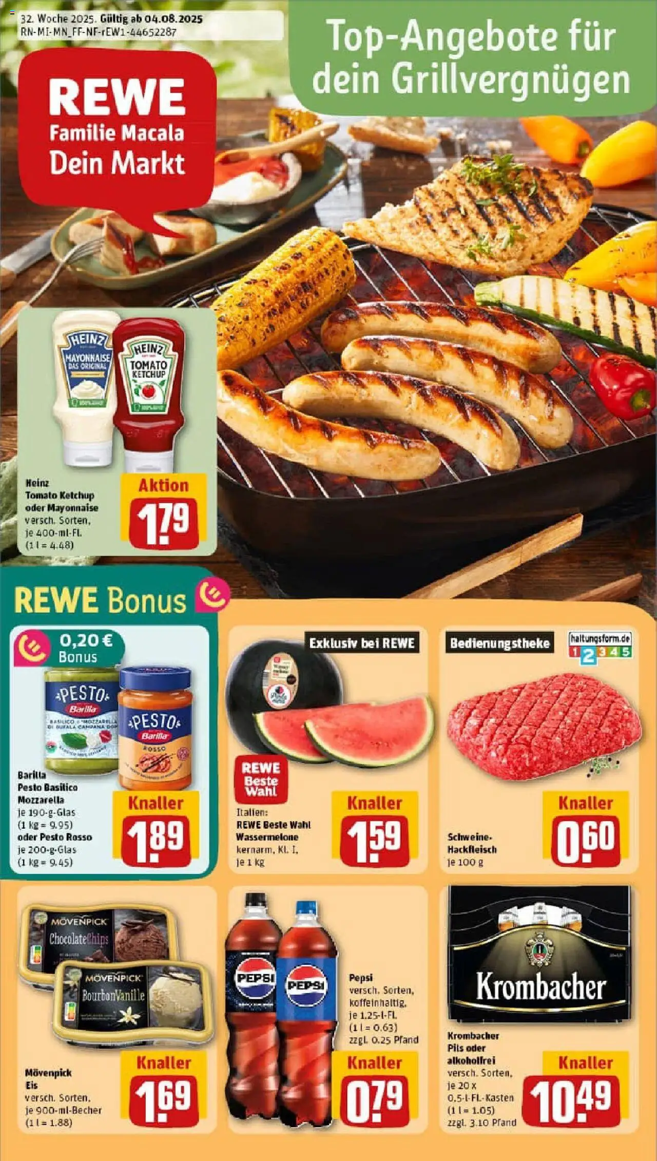 REWE Prospekt ab 03.08.2025 nächste Woche - Prospekt Hauneck / Unterhaun - Eis, Chips, Krombacher, Hackfleisch, Barilla, Pepsi, Barilla pesto, Pils