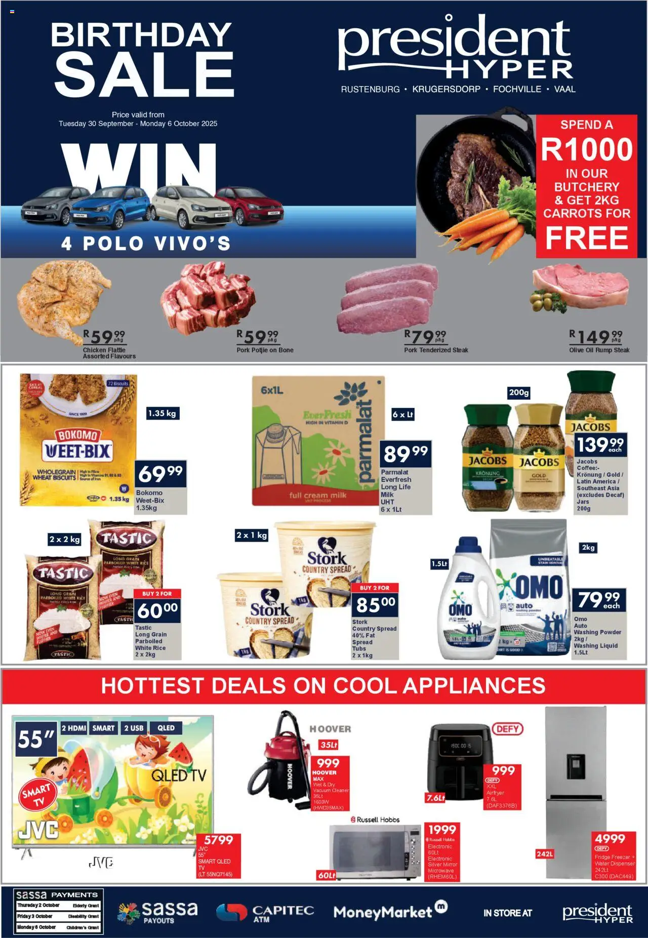 President Hyper Specials from 30/09 - 06/10/2025 > Promotions - Fridge, Vacuum cleaner, Chicken, Milk, Oil, Cream, Carrots, Washing powder