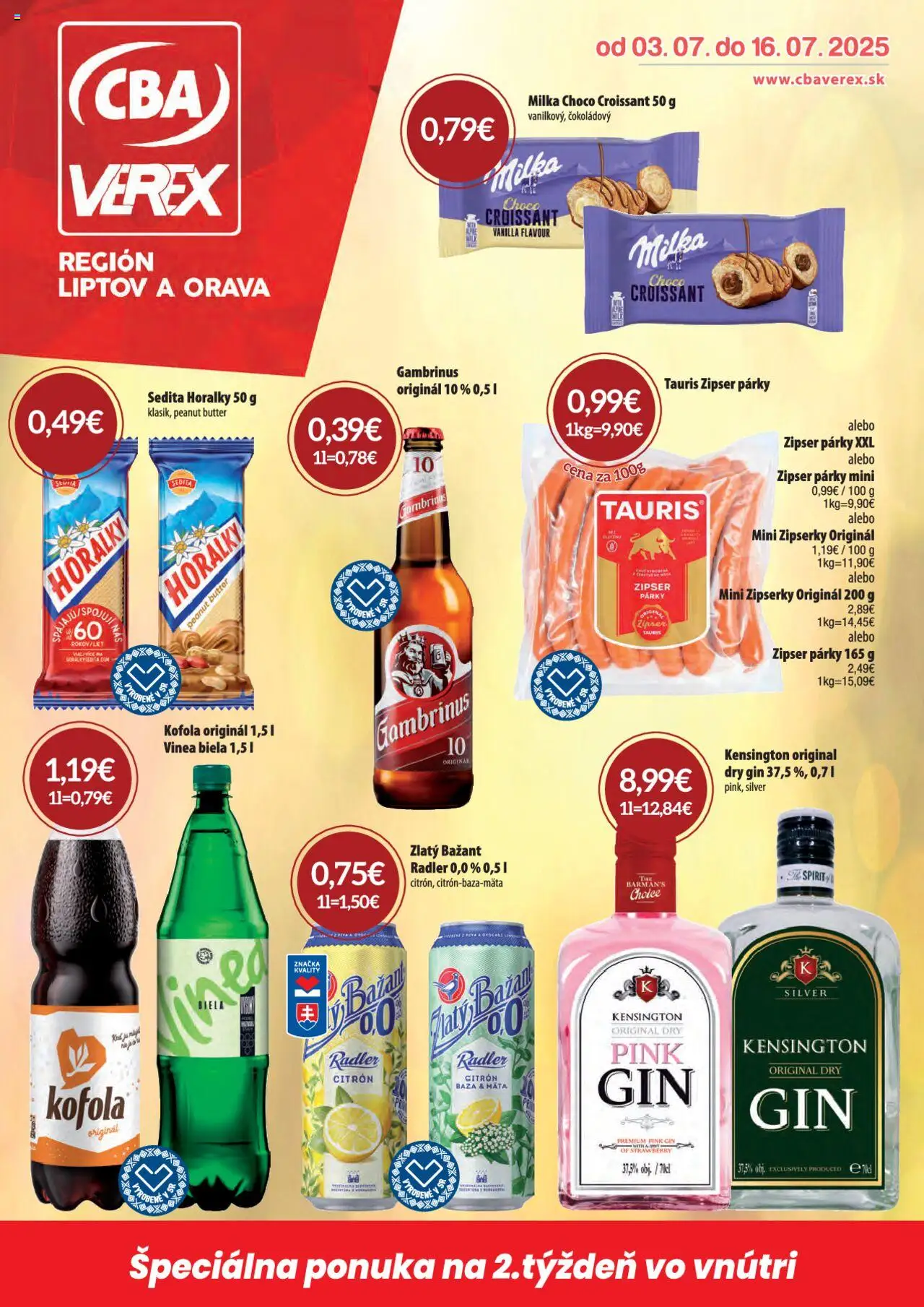 CBA Verex Leták (03.07. - 16.07.2025) - Akčná ponuka - Gin, Croissant, Milka, Párky, Vinea, Radler, Zlatý Bažant, Horálky