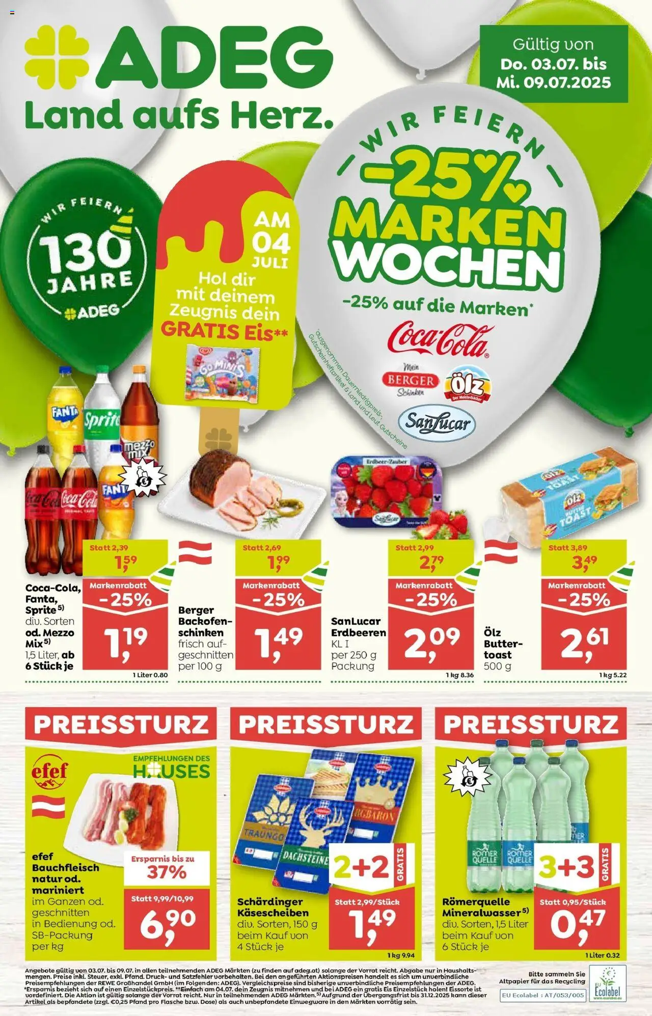  ADEG Spital/Pyhrn, Hinterstoder, Scharnstein ab (03.07.2025 - 09.07.2025) - Seite 1 - Butter, Schinken, Erdbeeren, Eis, Fanta