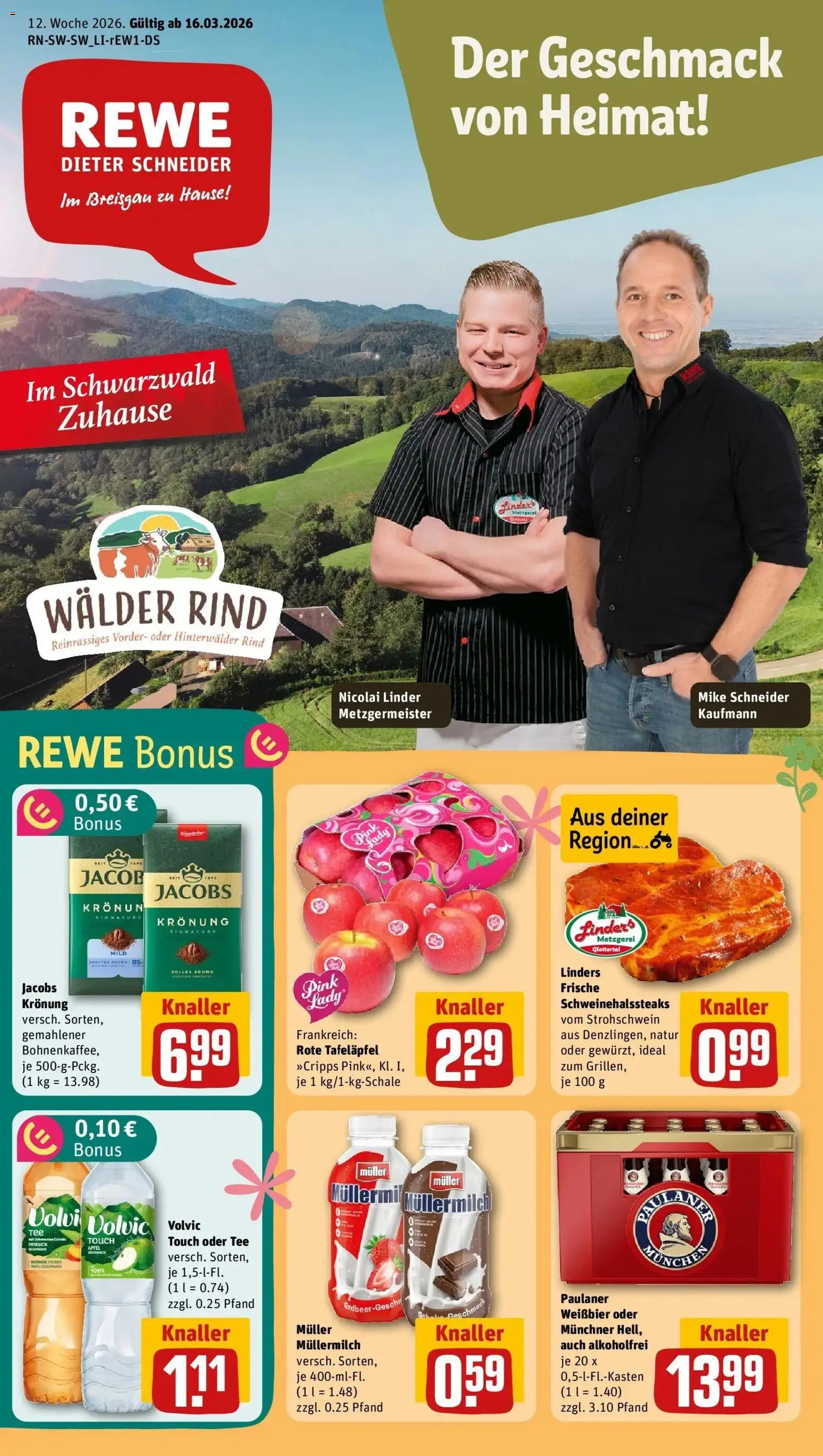 Vorschau von dem Prospekt des Geschäftes Rewe, gültig ab dem 15.03.2026 - Tee, Pfirsich, Zucker, Paulaner, Müllermilch, Weißbier, Volvic touch, Muller mullermilch