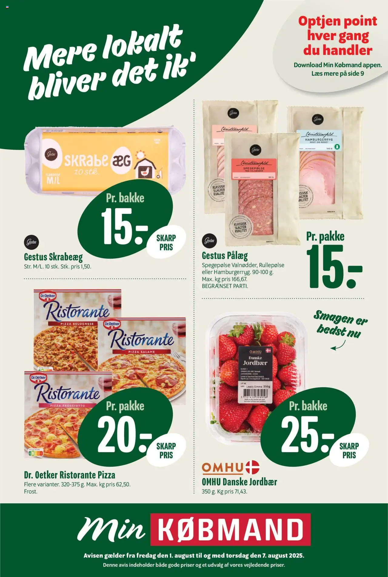 Min Købmand tilbudsavis gyldig fra 01/08/2025 - side 1 - Pizza, Hamburgerryg, Jordbær, Pålæg, Rullepølse, Spegepølse