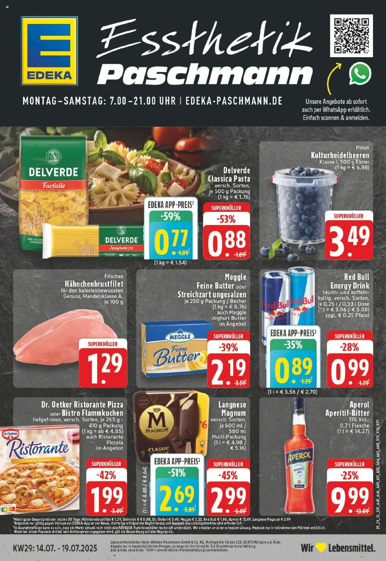 EDEKA Prospekt ab 13.07.2025 - Prospekt Duisburg Homberg-Hochheide Online - Butter, Red bull, Pasta, Aperol, Spaghetti, Ristorante, Energy, Langnese