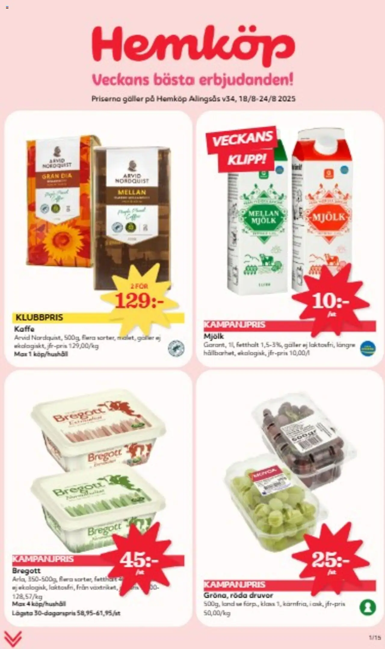 Aktuella reklamblad Hemköp är giltig 18/08 2025 > Veckans Erbjudanden gäller från 18/08/2025 till 24/08/2025 sidnummer 1