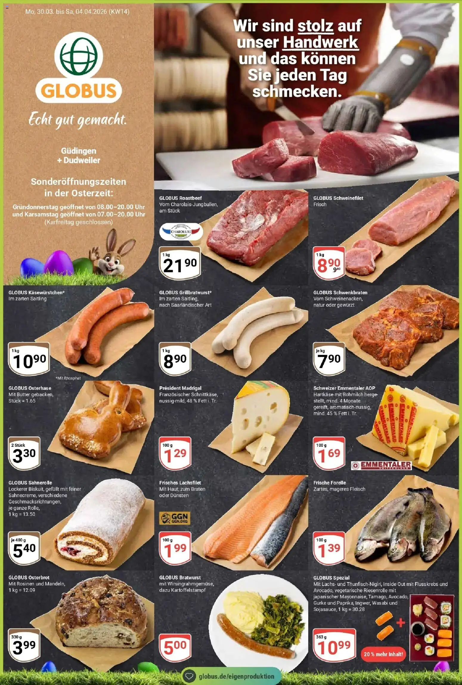 Vorschau von dem Prospekt des Geschäftes Globus, gültig ab dem 30.03.2026 - Uhr, Butter, Bratwurst, Lachs, Roastbeef, Fleisch, Schweinefilet, Rosinen