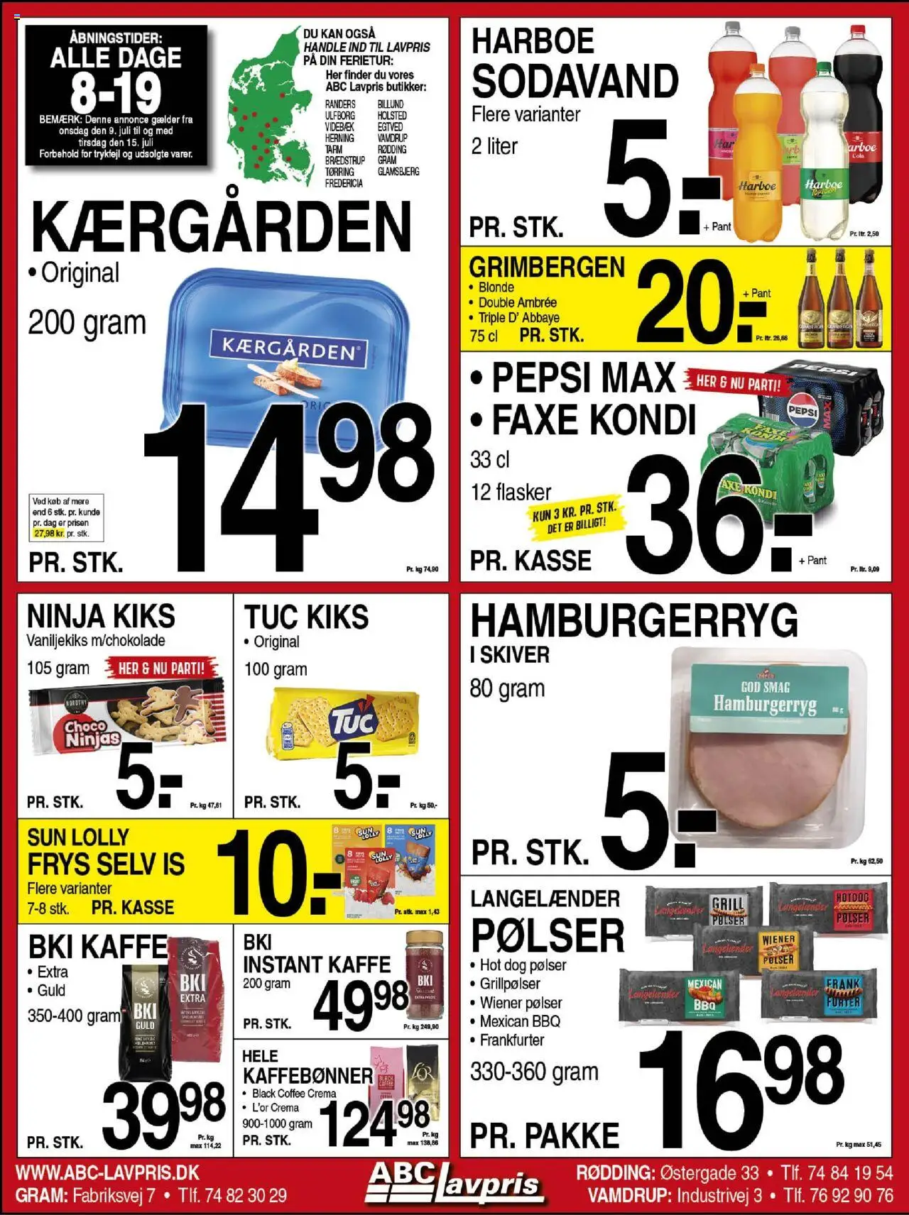Abc Lavpris tilbudsavis gyldig fra 09/07/2025 - side 1 - Cookies, Grill, Cola, Pepsi Max, Pepsi, Pølser, Instant Kaffe, Grillpølser