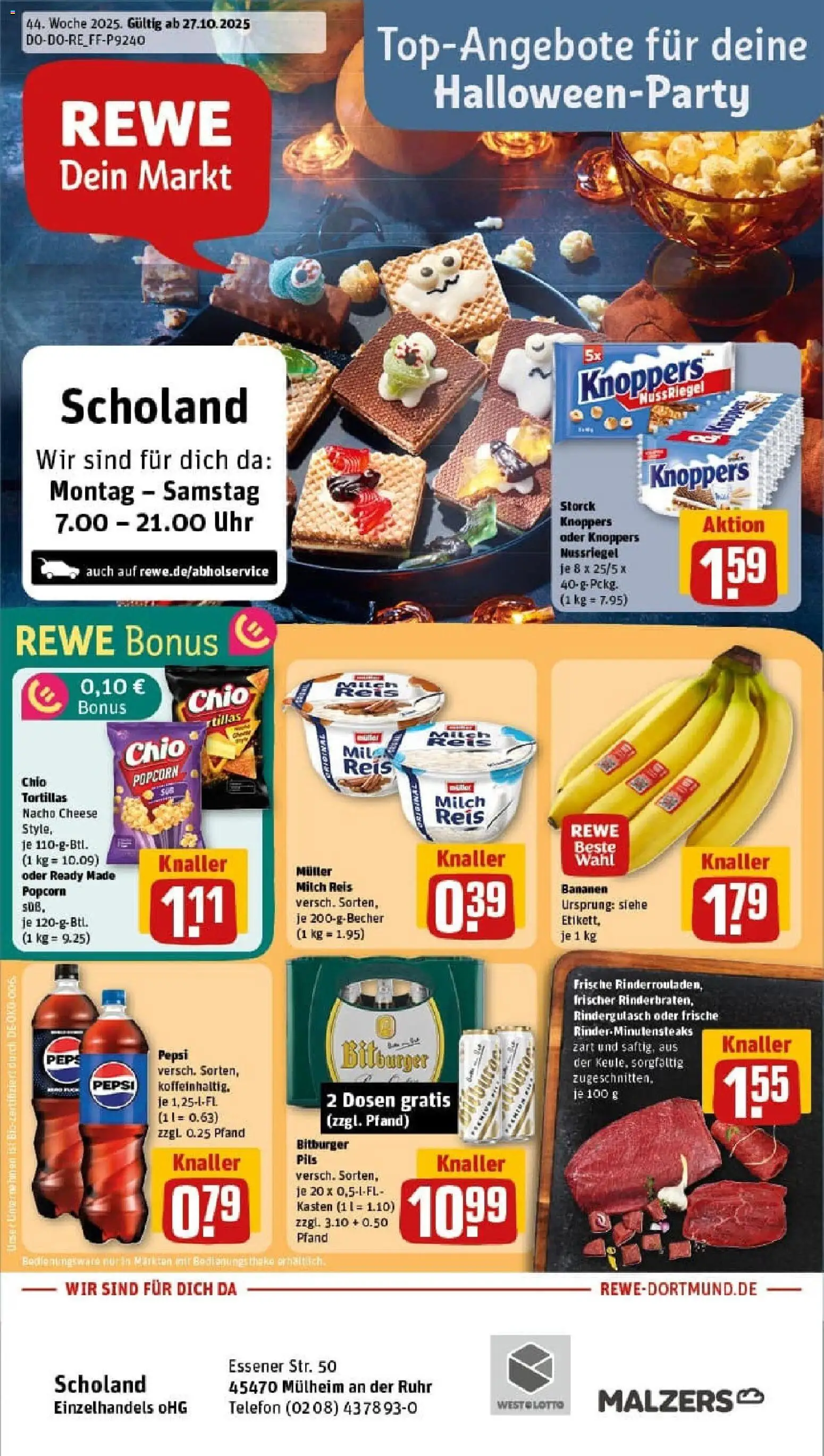 Vorschau von dem Prospekt des Geschäftes Rewe, gültig ab dem 26.10.2025 - Telefon, Tortillas, Milch, Popcorn, Rindergulasch, Pudding, Bitburger, Pepsi