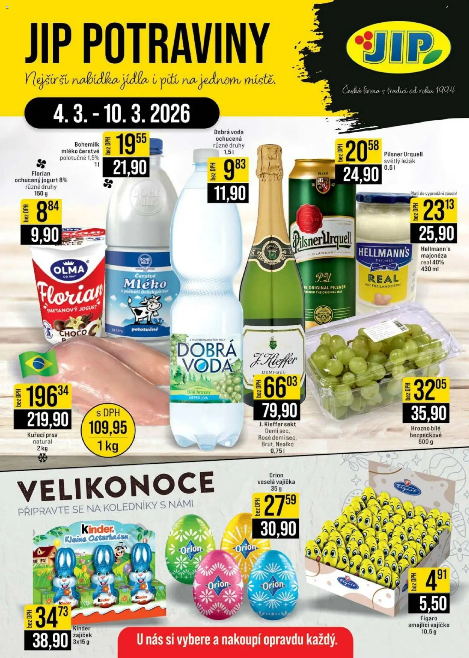Náhled nabídky: Jip Jip leták - Cash & Carry platný od 04.03.2026 - Voda, Pilsner Urquell, Mléko, Kuřecí prsa, Dobrá voda, Vajíčka, Hellmann's, Smetanový jogurt