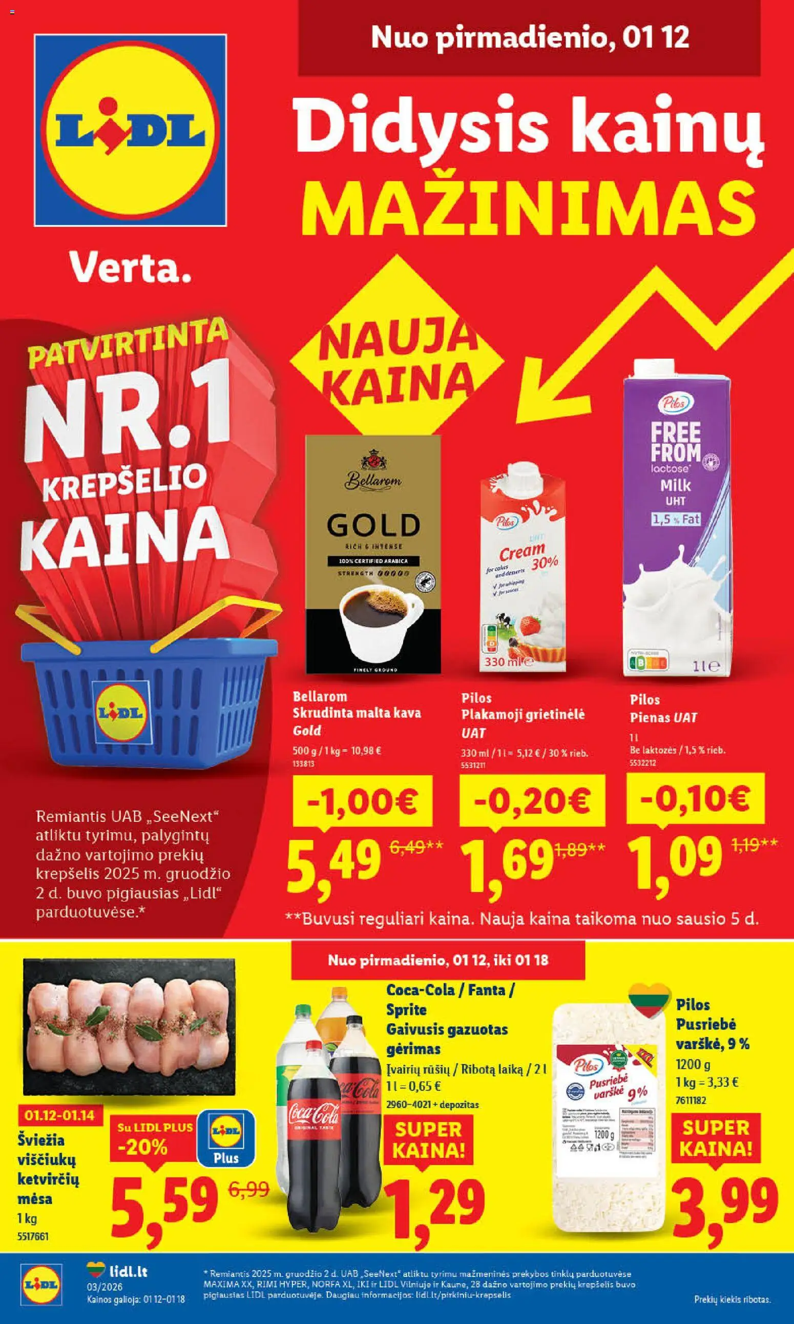 LIDL parduotuvės leidinio Leidinys galiojančio nuo 2026.01.12 peržiūra - Kava, Pienas, Varškė, Krepšelis, Grietinėlė