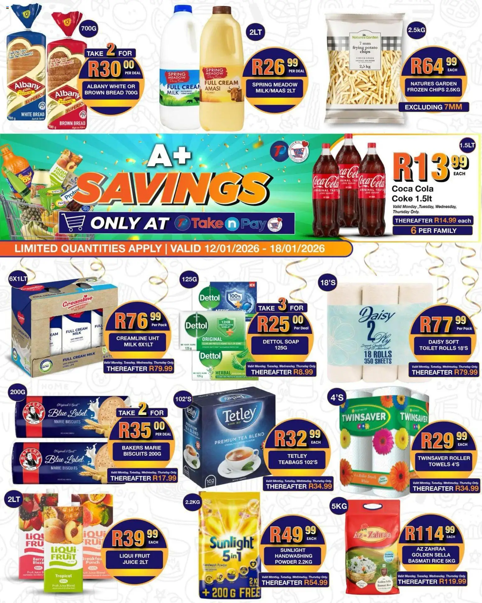 Preview of Take n Pay flyer valid from 12/01/2026 - Toilet, Tea, Milk, Juice, Chips, Rice, Cream, Towels
