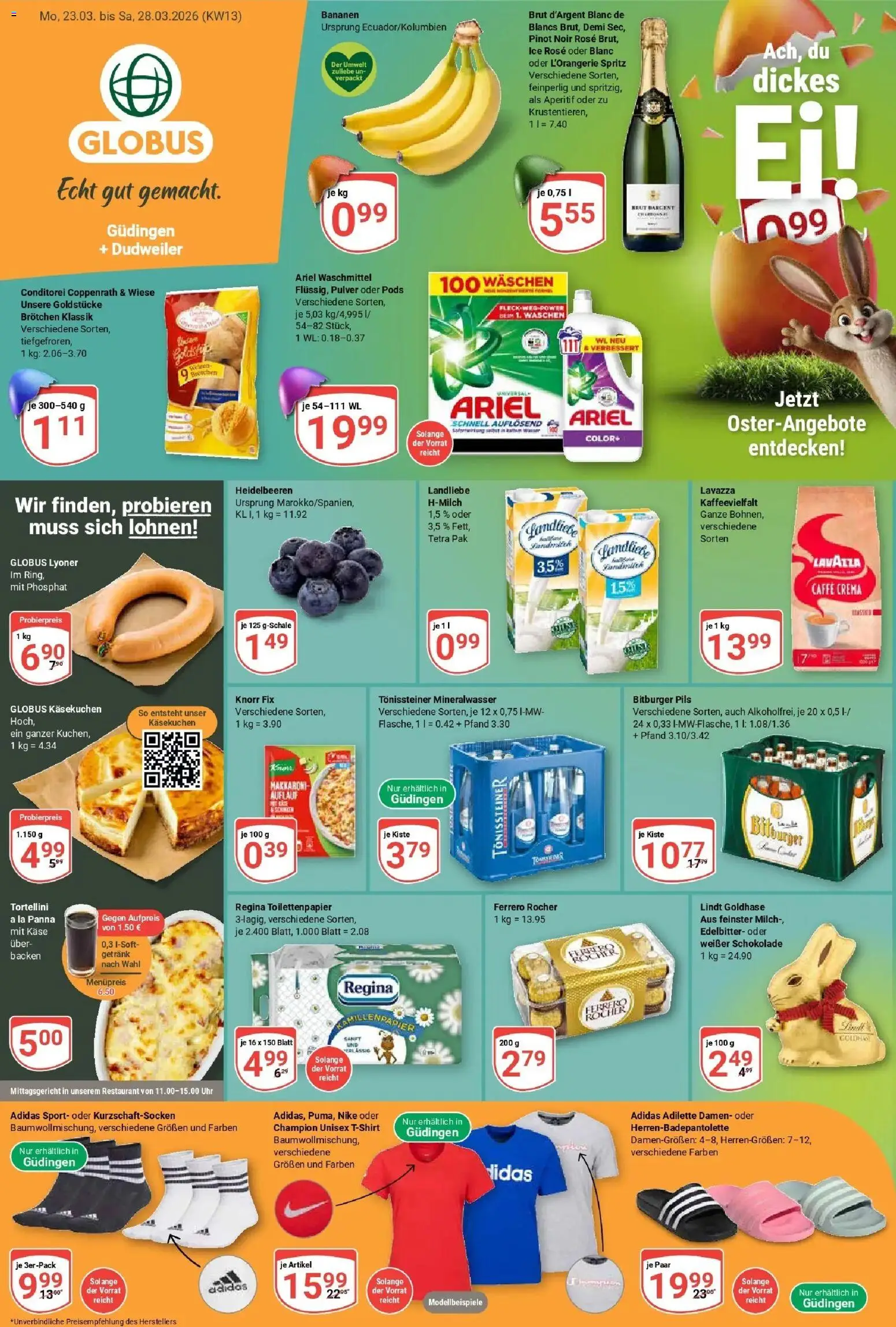 Vorschau von dem Prospekt des Geschäftes Globus, gültig ab dem 23.03.2026 - Uhr, Käse, Schokolade, Toilettenpapier, Milch, Ferrero rocher, Ariel, Pils