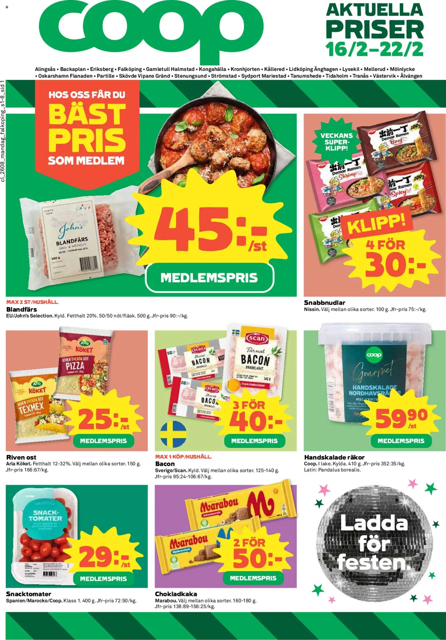 Förhandsgranska reklamblad Aktuella reklamblad Coop från butik Coop gäller från 16/02/2026 - Pizza, Ost, Chokladkaka, Räkor, Bacon, Blandfärs, Tomater, Riven ost