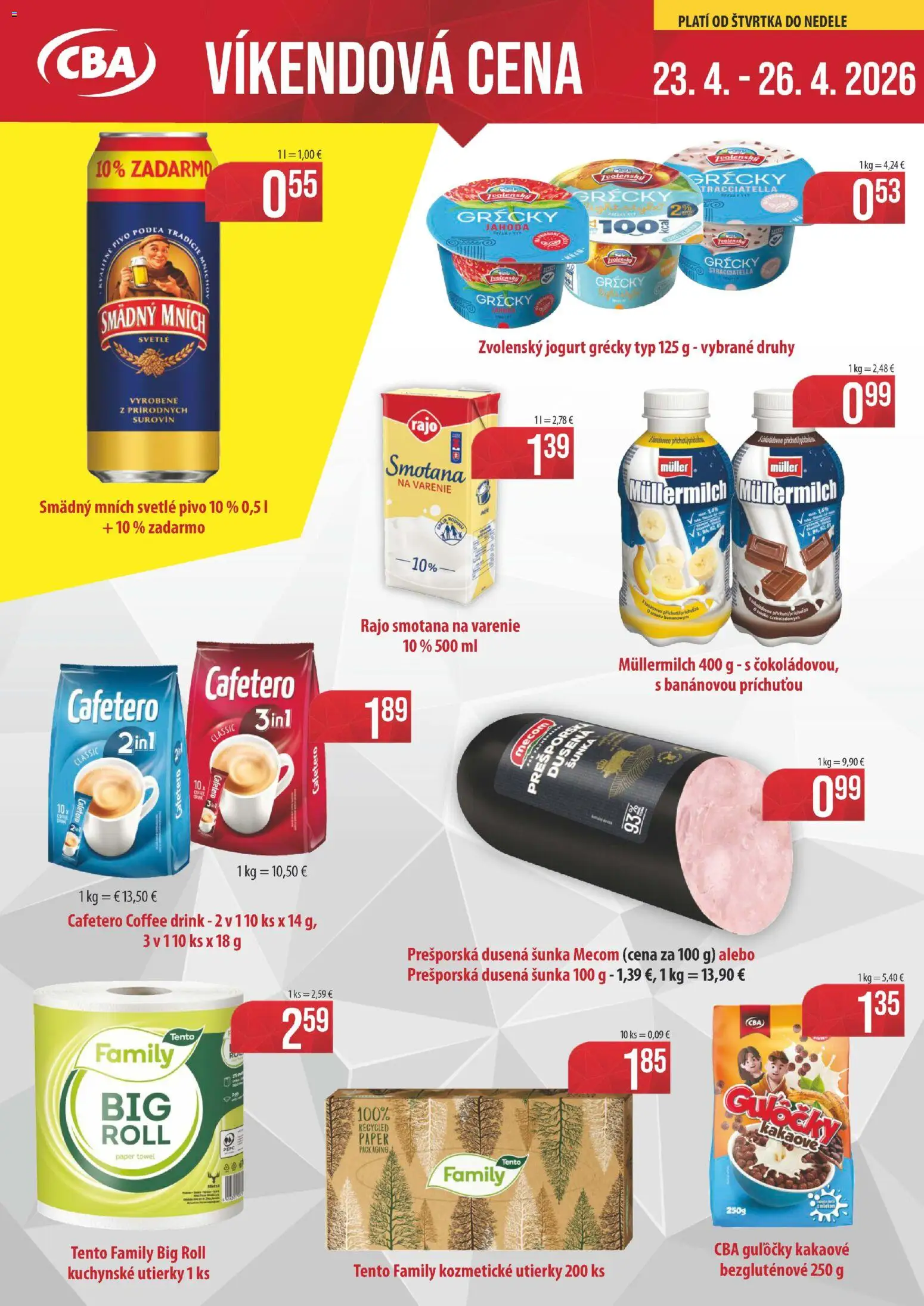 Náhľad CBA Komfos letáku platného od 23.04.2026 - Pivo, Smotana na varenie, Jogurt, Šunka, Kuchynské utierky, Smotana, Utierky, Smädný Mních