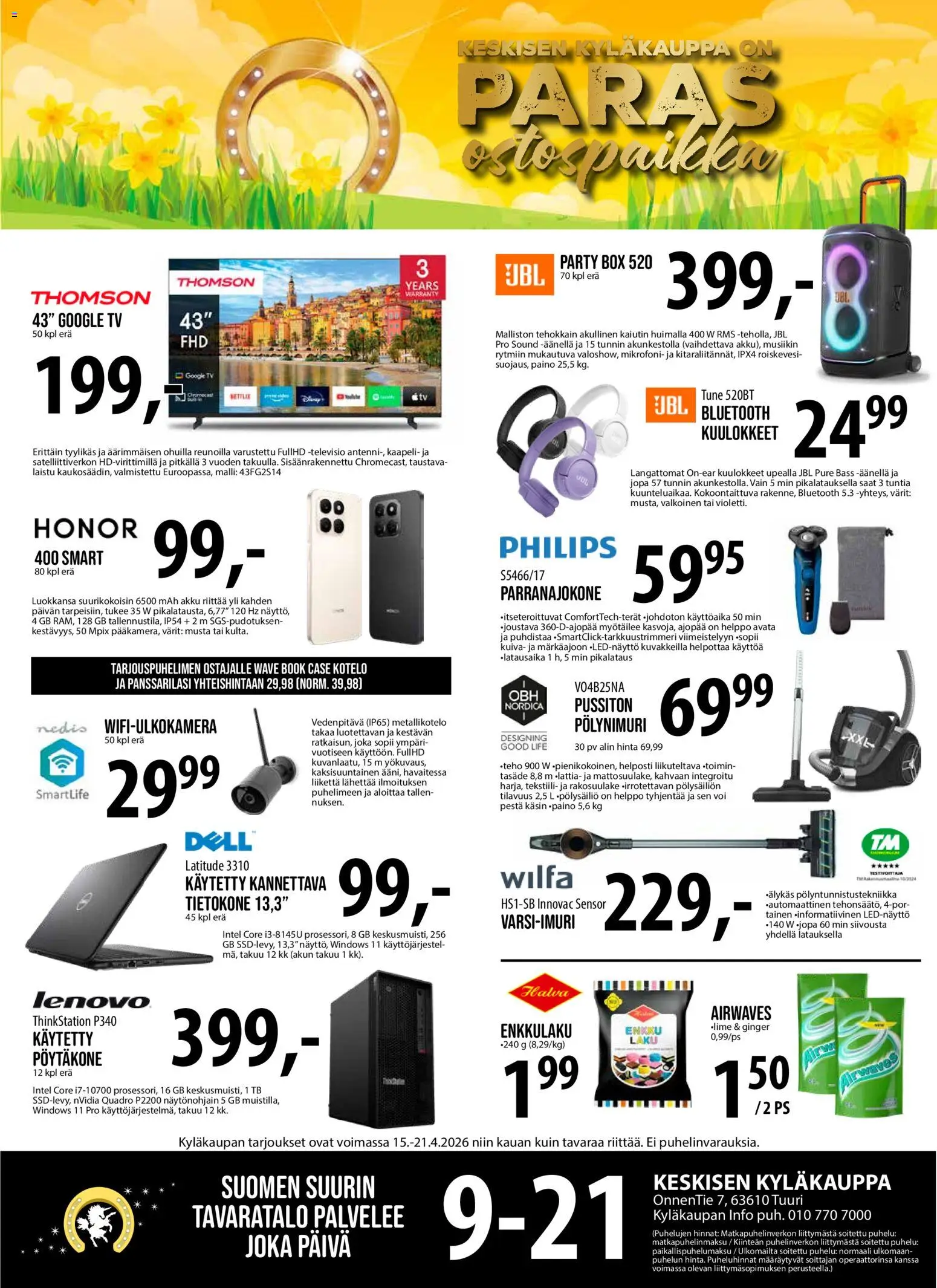 Kaupan Tuuri Tuuri tarjoukset esikatselu, voimassa 15/04/2026 - TV, Kuulokkeet, Akku, Kaiutin, Mikrofoni, Parranajokone, Pöytäkone, Kaapeli