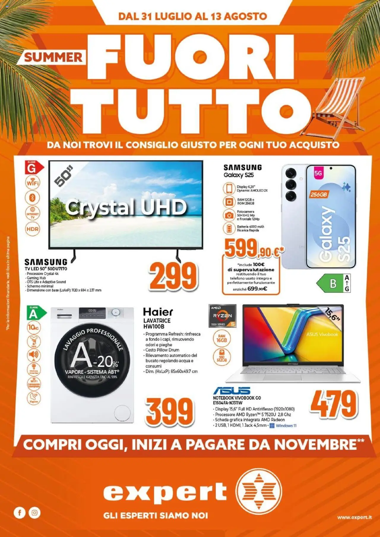 Volantino Expert valido da 31/07/2025 numero di pagina 1 - Samsung, Acqua, Telefono, Samsung Galaxy, TV, Batteria, Fotocamera, Schermo