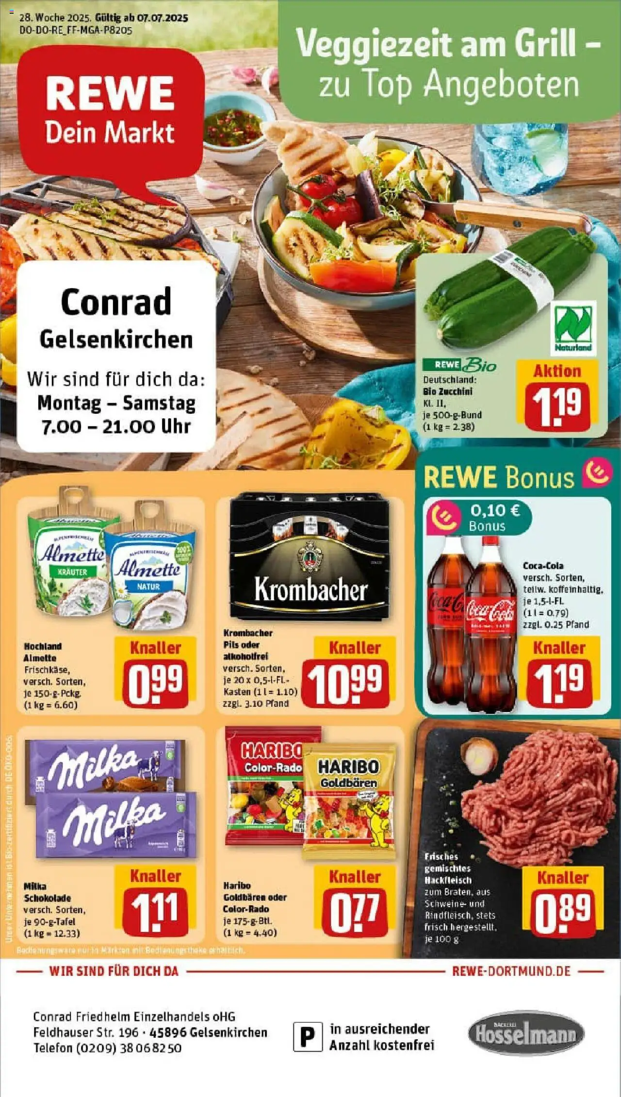 REWE Prospekt ab 06.07.2025 nächste Woche - Prospekt Gelsenkirchen / Scholven - Uhr, Schokolade, Zucchini, Grill, Milka schokolade, Krombacher, Hackfleisch, Almette