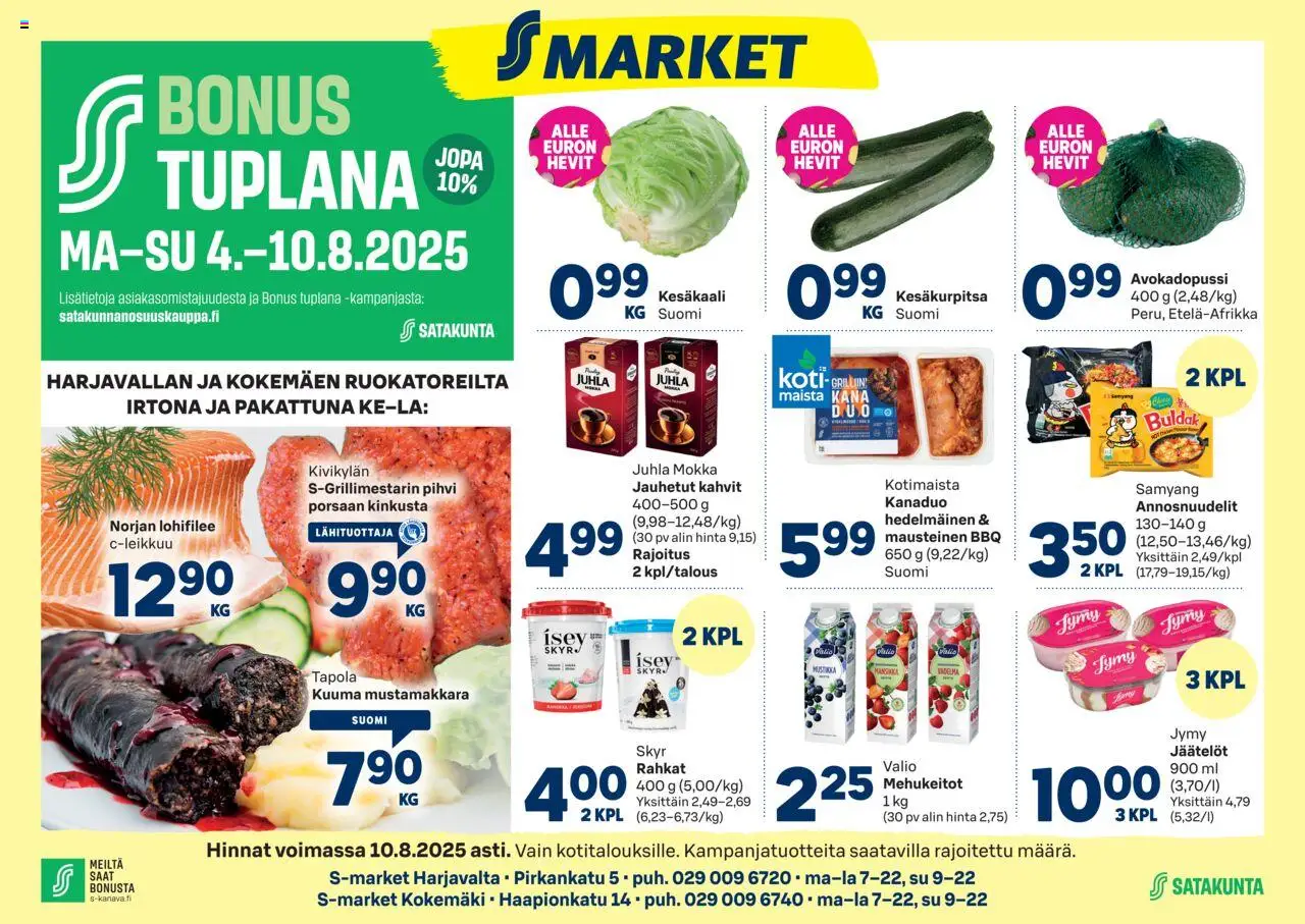 S-market-kaupan Harjavalta voimassa 04/08/2025 - Sivulla 1 - Kana, Kesäkurpitsa, Juhla Mokka, Pihvi