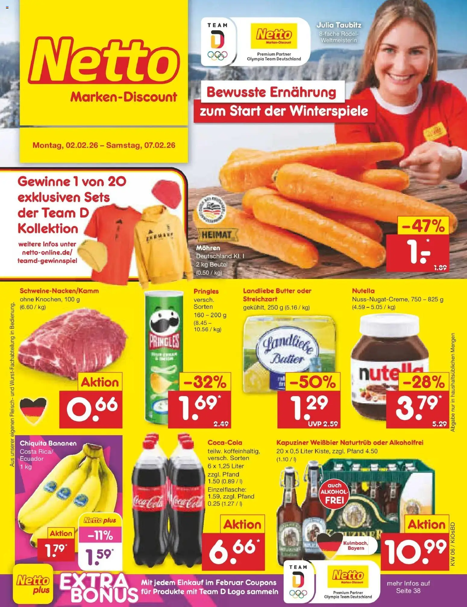 Vorschau von dem Prospekt des Geschäftes Netto Marken-Discount, gültig ab dem 02.02.2026 - Butter, Nutella, Bananen, Alkohol, Fleisch, Pringles, Weißbier, Mohren