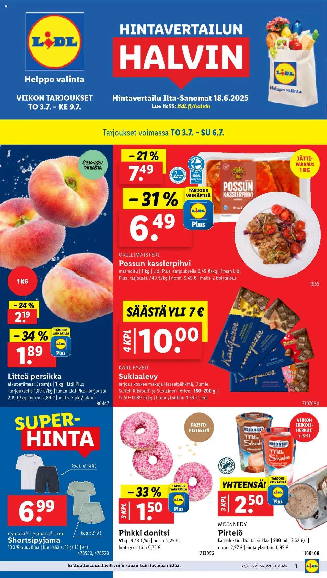 Lidl-kaupan Tarjoukset voimassa 03/07/2025 - Sivulla 1 - Pirtelö, Persikka, Suklaa