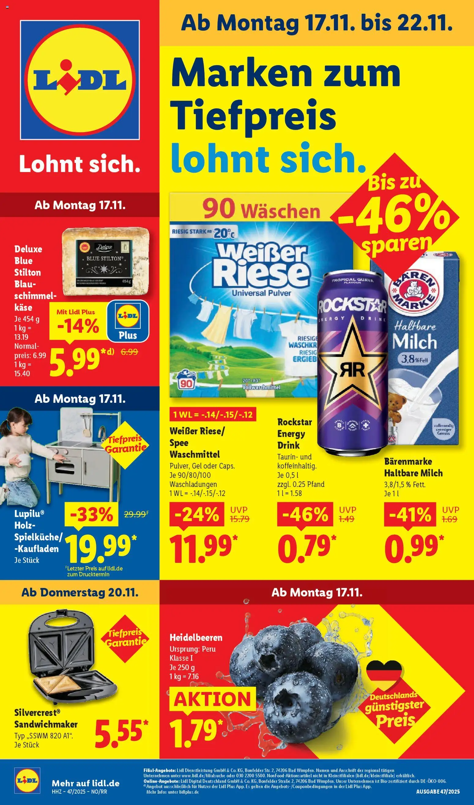 Vorschau von dem Prospekt des Geschäftes Lidl, gültig ab dem 17.11.2025 - Käse, Bad, Spee, Milch, Heidelbeeren, Rockstar, Energy, Waschmittel