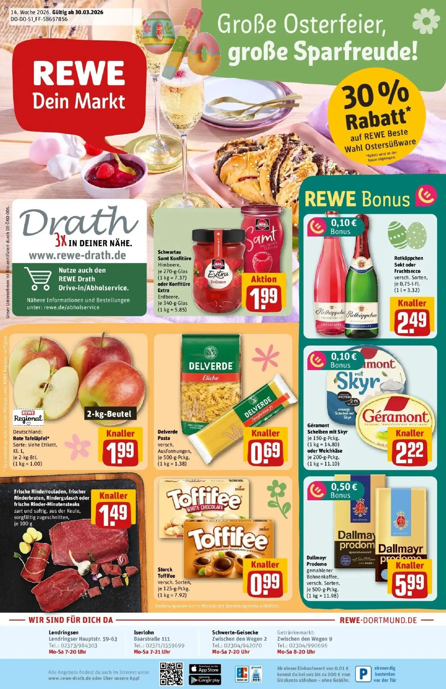 Vorschau von dem Prospekt des Geschäftes Rewe, gültig ab dem 30.03.2026 - Schokolade, Skyr, Rotkäppchen, Tür, Dallmayr, Toffifee, Geramont, Rotkappchen sekt
