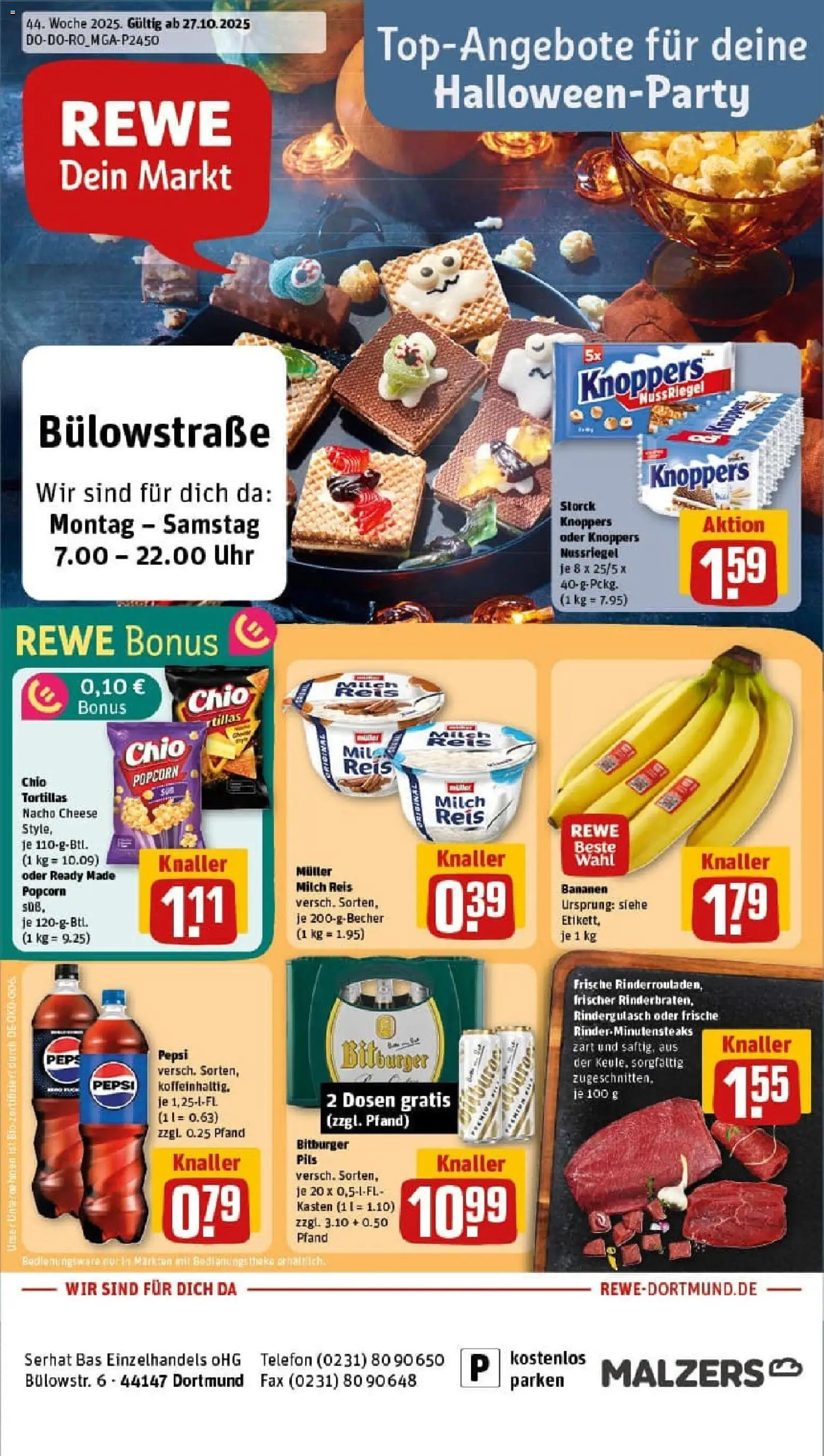 Vorschau von dem Prospekt des Geschäftes Rewe, gültig ab dem 26.10.2025 - Uhr, Telefon, Tortillas, Bananen, Milch, Popcorn, Bitburger, Pils