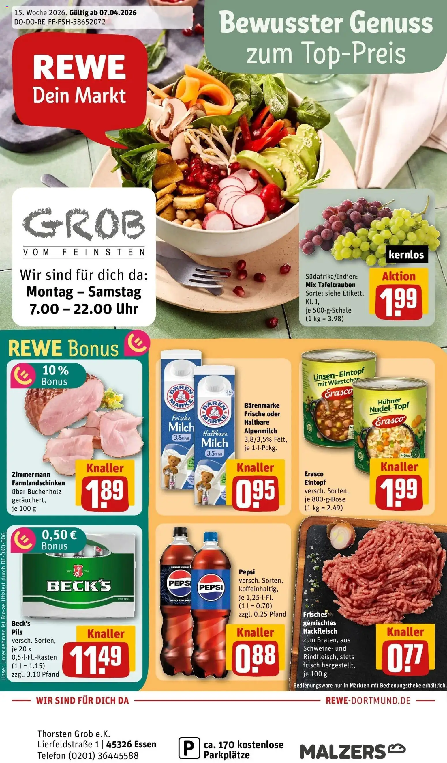 Vorschau von dem Prospekt des Geschäftes Rewe, gültig ab dem 05.04.2026 - Uhr, Cola, Milch, Hackfleisch, Zucker, Pepsi, Pils, Erasco