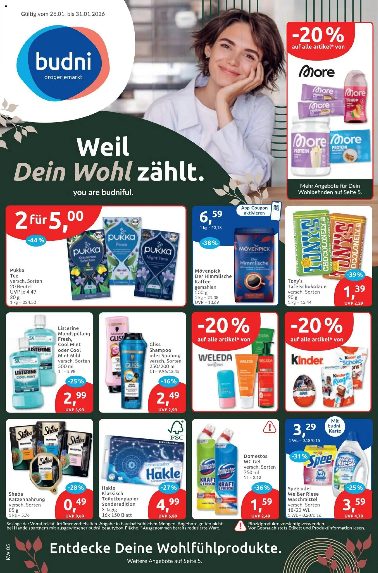 Vorschau von dem Prospekt des Geschäftes Budni, gültig ab dem 26.01.2026 - Kaffee, Spee, Toilettenpapier, Shampoo, Waschmittel, Listerine, Kräutertee, Sheba