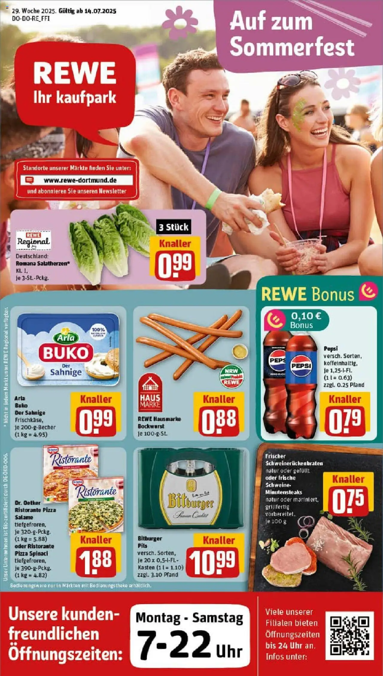 REWE Prospekt ab 13.07.2025 nächste Woche - Prospekt Bottrop / Kirchhellen - Pizza, Uhr, Ristorante, Bockwurst, Pepsi, Theke, Pils, Arla buko