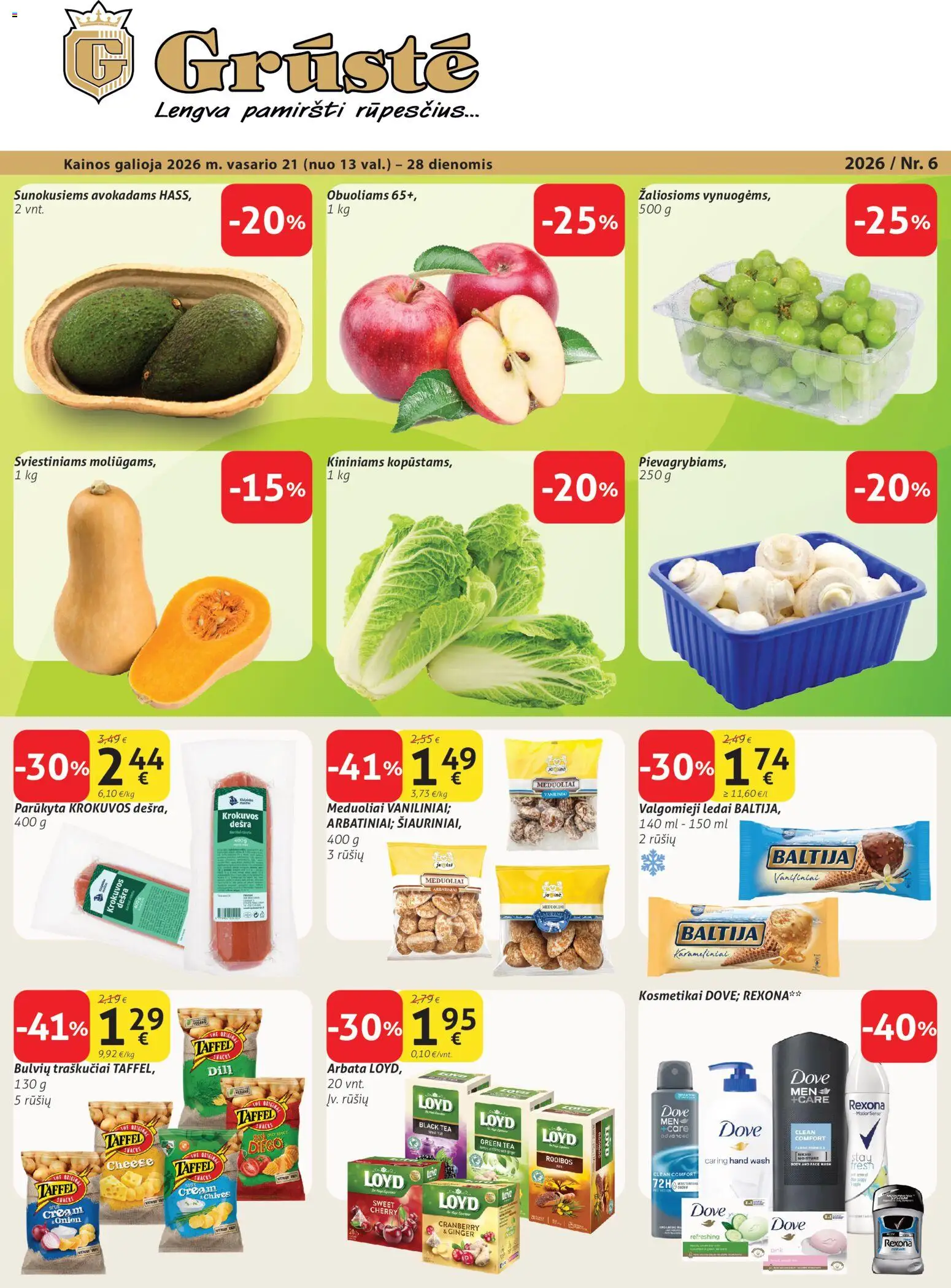 GRUSTE parduotuvės leidinio Leidinys galiojančio nuo 2026.02.21 peržiūra - Ledai, Arbata, Dešra, Traškučiai, Valgomieji ledai