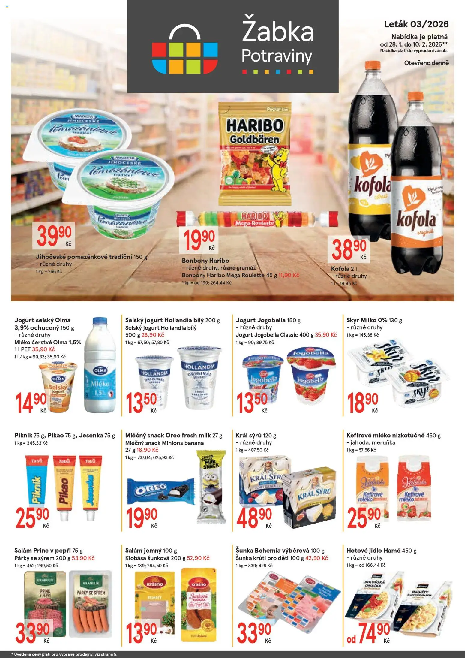 Náhled nabídky: Žabka Leták platný od 28.01.2026 - Kofola, Haribo, Klobása, Skyr, Salám, Oreo, Bonbóny, Hollandia