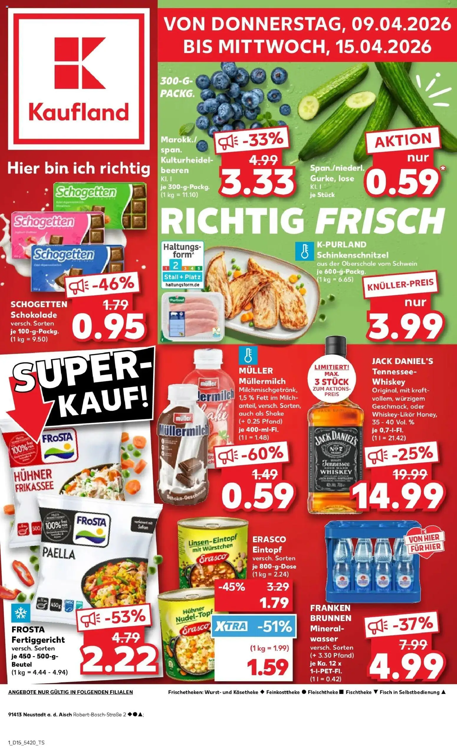 Vorschau von dem Prospekt des Geschäftes Kaufland, gültig ab dem 08.04.2026 - Wasser, Fisch, Mineralwasser, Milch, Whiskey, Jack Daniel's, Erasco, Muller mullermilch