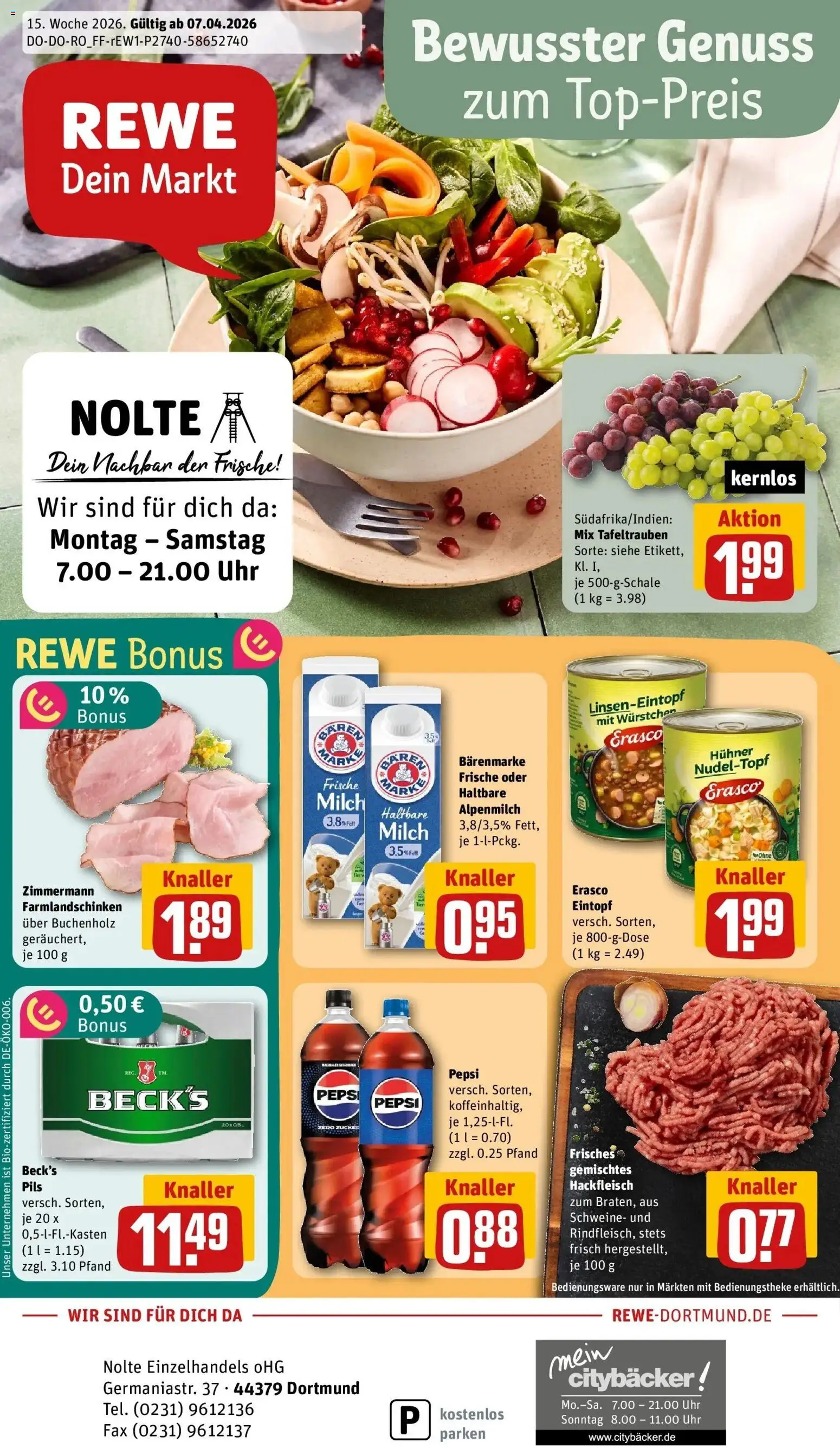 Vorschau von dem Prospekt des Geschäftes Rewe, gültig ab dem 05.04.2026 - Uhr, Milch, Hackfleisch, Zucker, Pepsi, Pils, Erasco