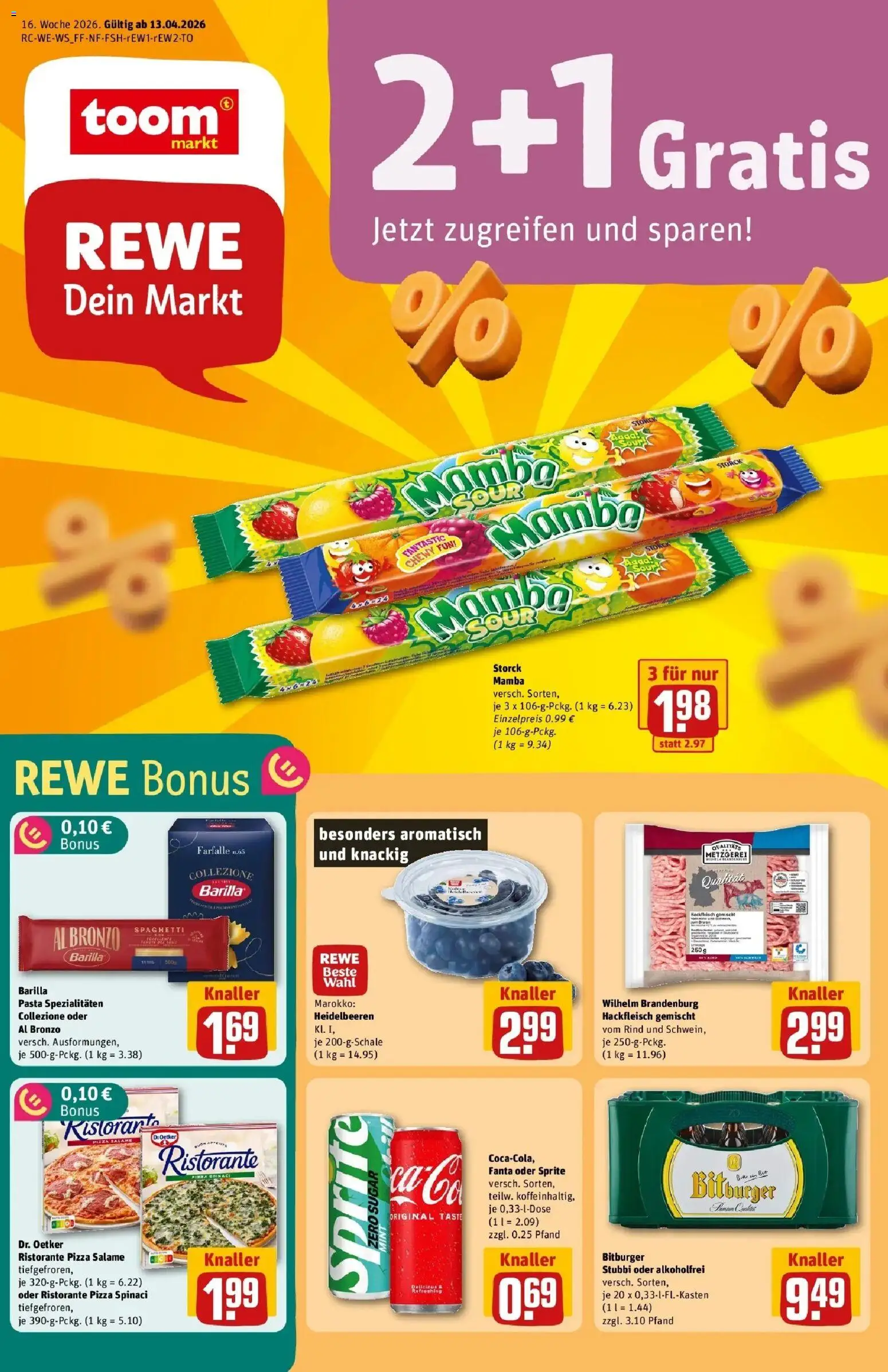 Vorschau von dem Prospekt des Geschäftes Rewe, gültig ab dem 12.04.2026 - Pizza, Pasta, Heidelbeeren, Hackfleisch, Ristorante, Barilla, Bitburger, Spezialitäten