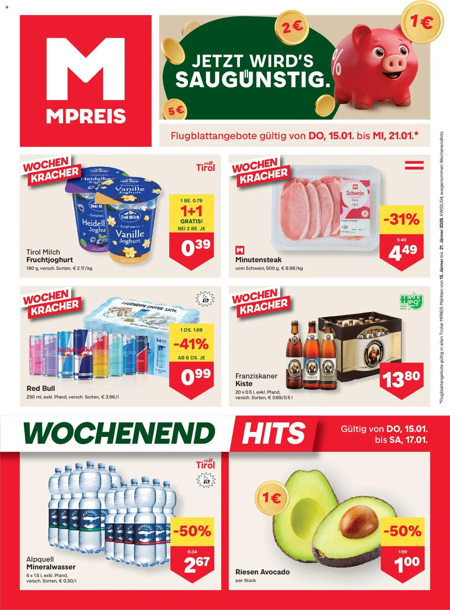 Vorschau der Angebote: MPREIS Flugblatt gültig ab 15.01.2026 - Avocado, Milch, Mineralwasser, Joghurt, Vanille