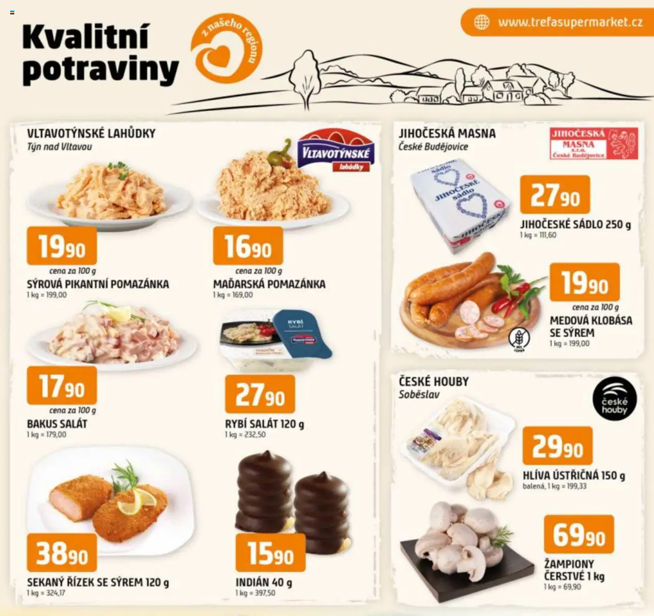  Trefa Leták - Kvalitní potraviny z našeho regionu (01.10.2025 - 07.10.2025) - Houby, Salát, Hlíva ústřičná, Pomazánka, Klobása, Sádlo, Žampiony, Rybí salát