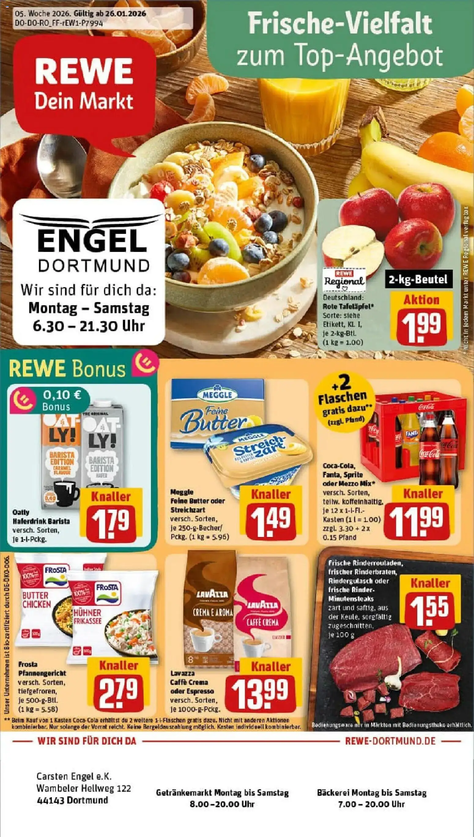 Vorschau von dem Prospekt des Geschäftes Rewe, gültig ab dem 26.01.2026 - Bäckerei, Uhr, Butter, Rindergulasch, Lavazza, Frosta, Sprite, Oatly